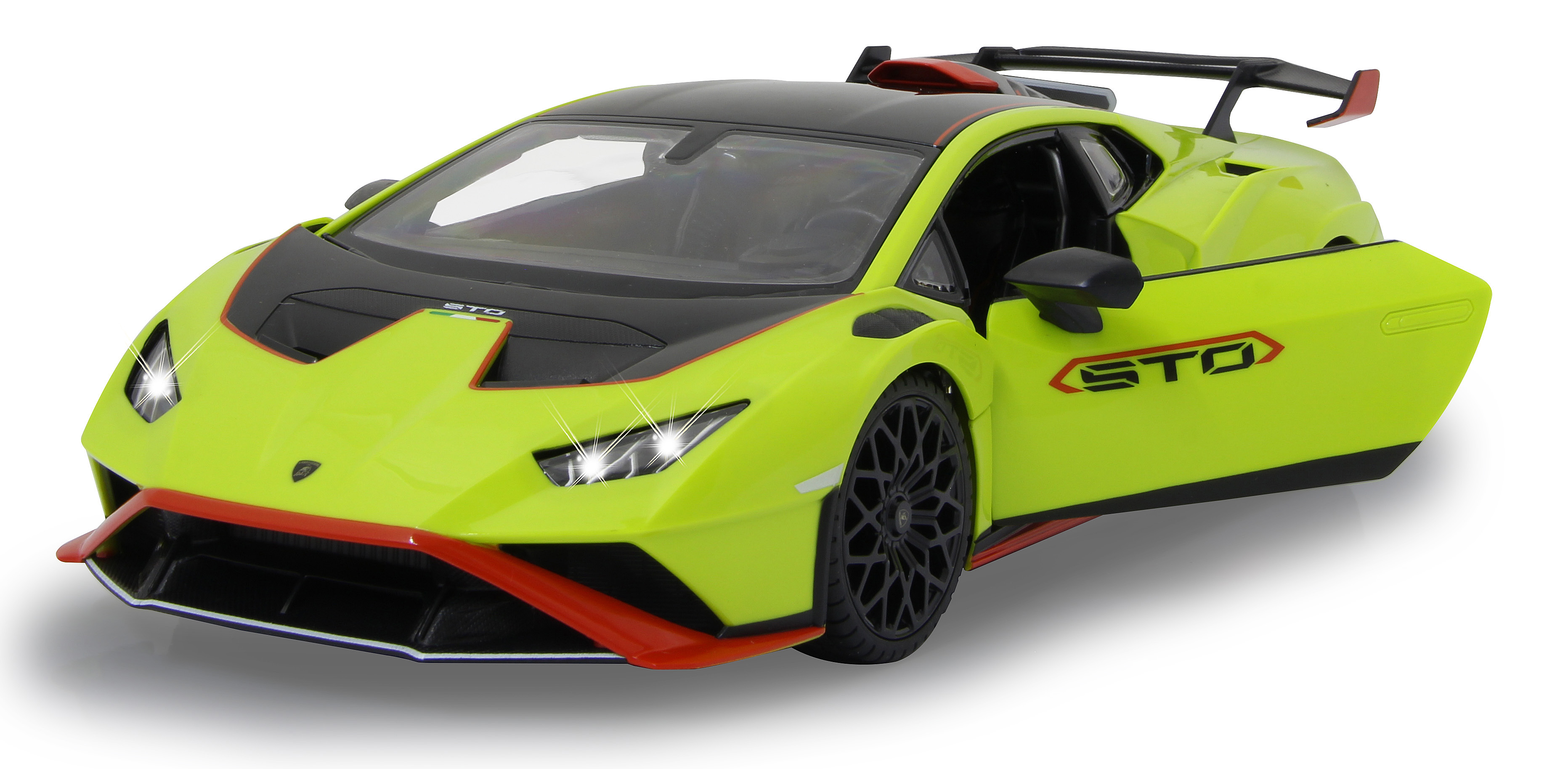 Grüner Lamborghini Huracan STO mit offener Tür und schwarzem Controller.