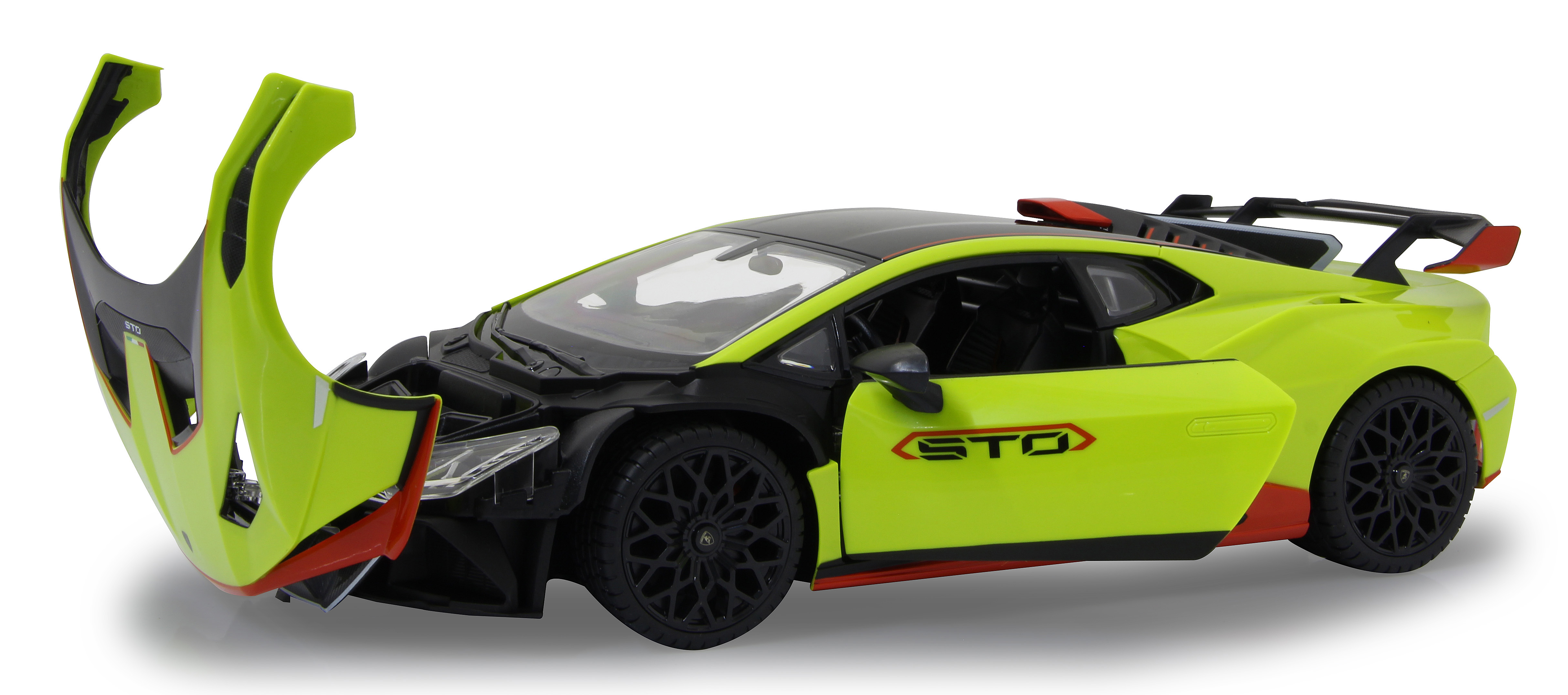 Ein gelbes Lamborghini-Spielzeugauto mit geöffneten Türen und Motorhaube. Das Auto hat schwarze und rote Akzente.
