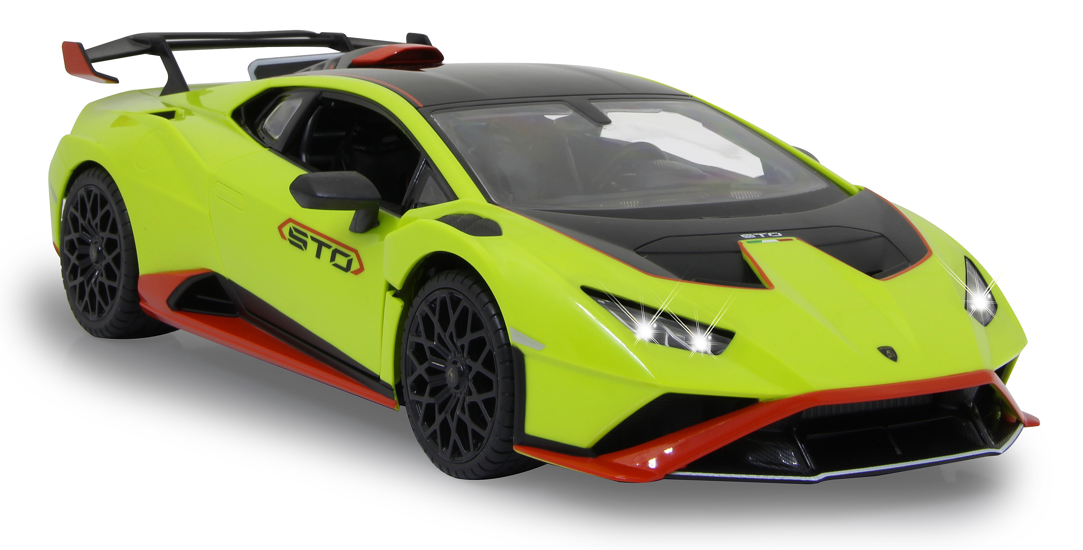 Ein hellgrünes Lamborghini-Spielzeugauto mit schwarzen Akzenten, schwarzen Rädern und einem Spoiler, das auf einer weißen Oberfläche liegt.
