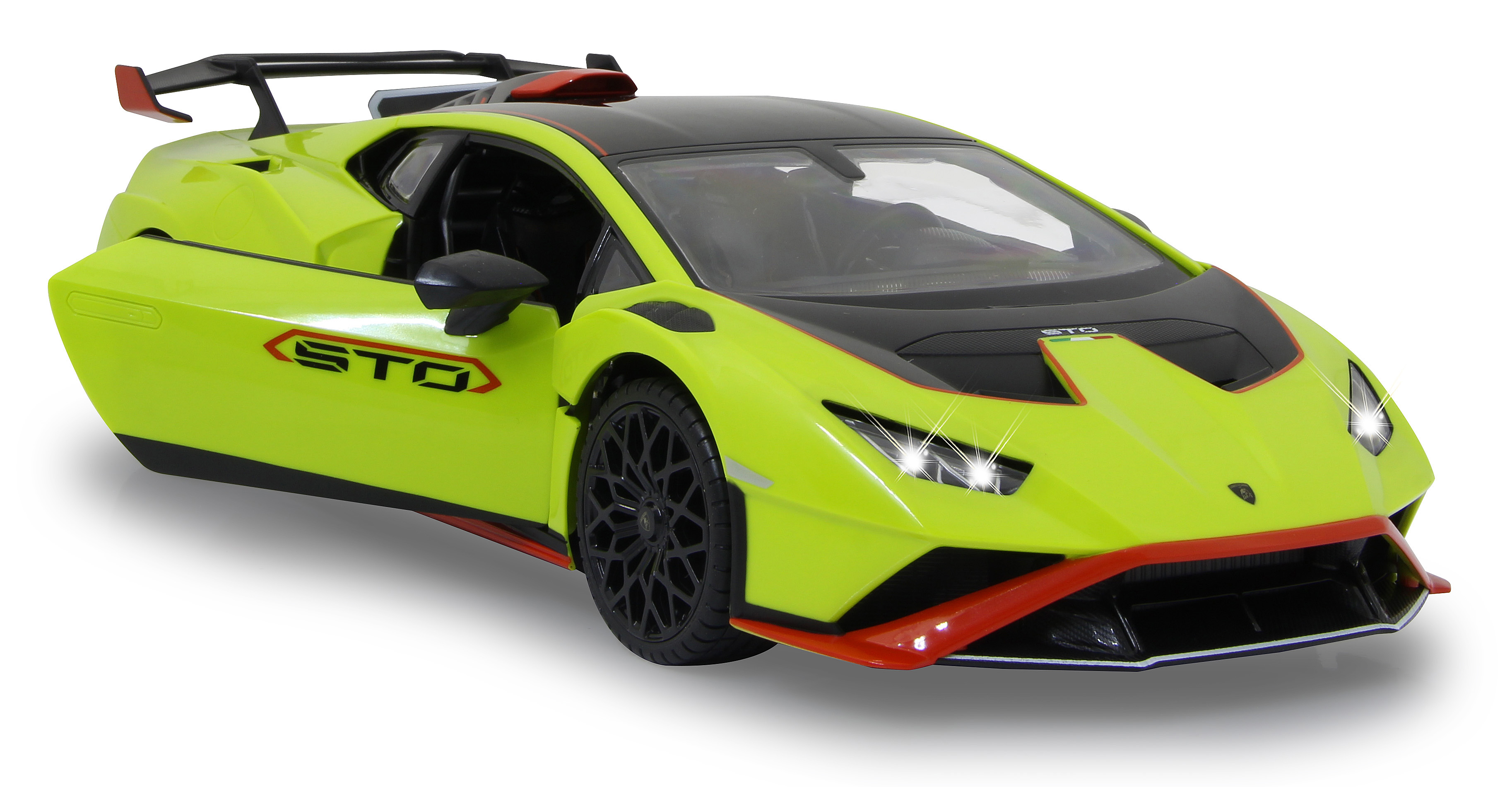 Ein gelbes Lamborghini-Spielzeugauto mit schwarzer Motorhaube und geöffneten Türen. Die Scheinwerfer sind an. Rote Akzente sichtbar.