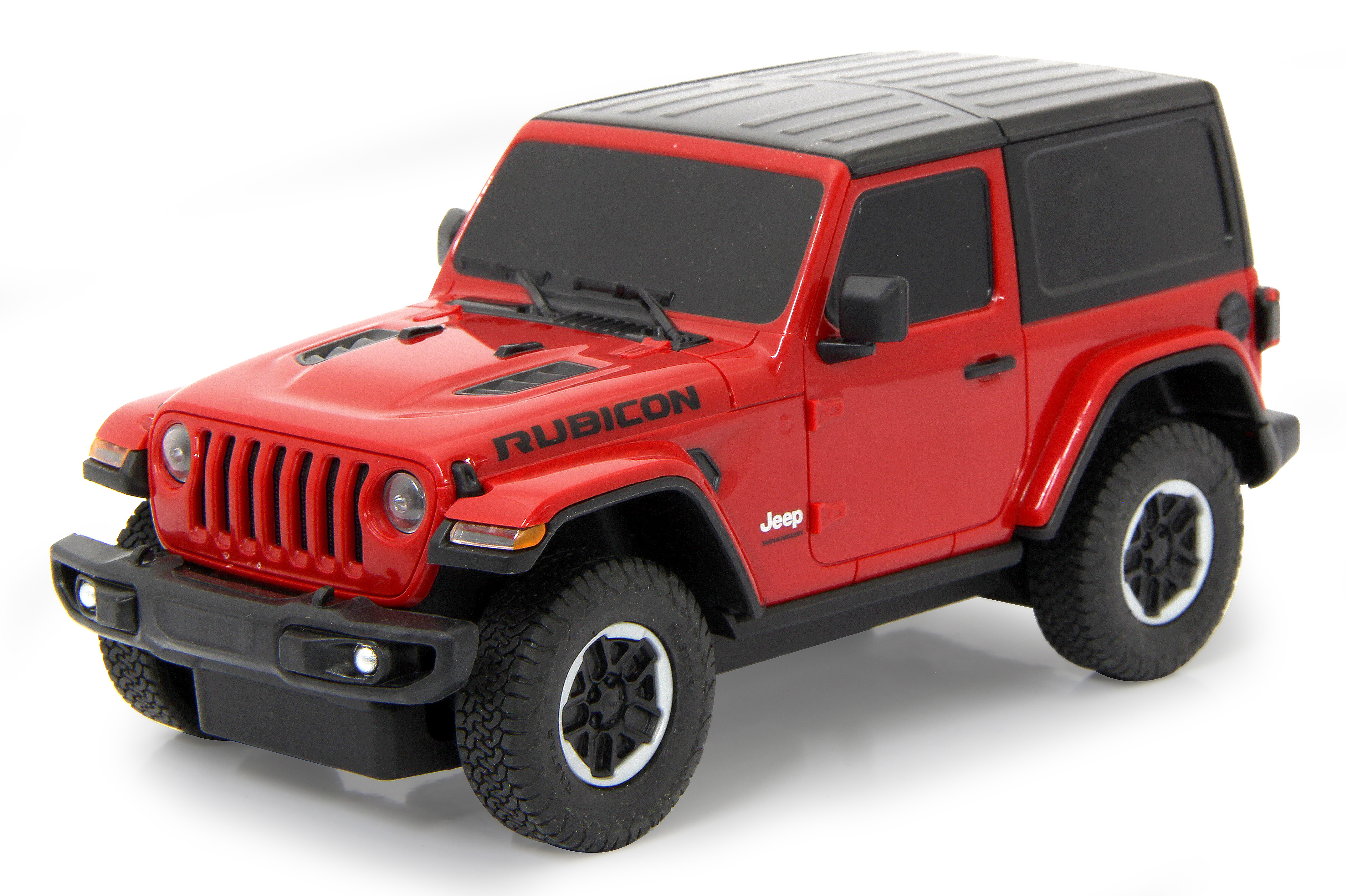 Rotes Jeep Wrangler Rubicon Modellauto. Schwarzes Dach und Reifen. Jeep-Logo an der Seite.