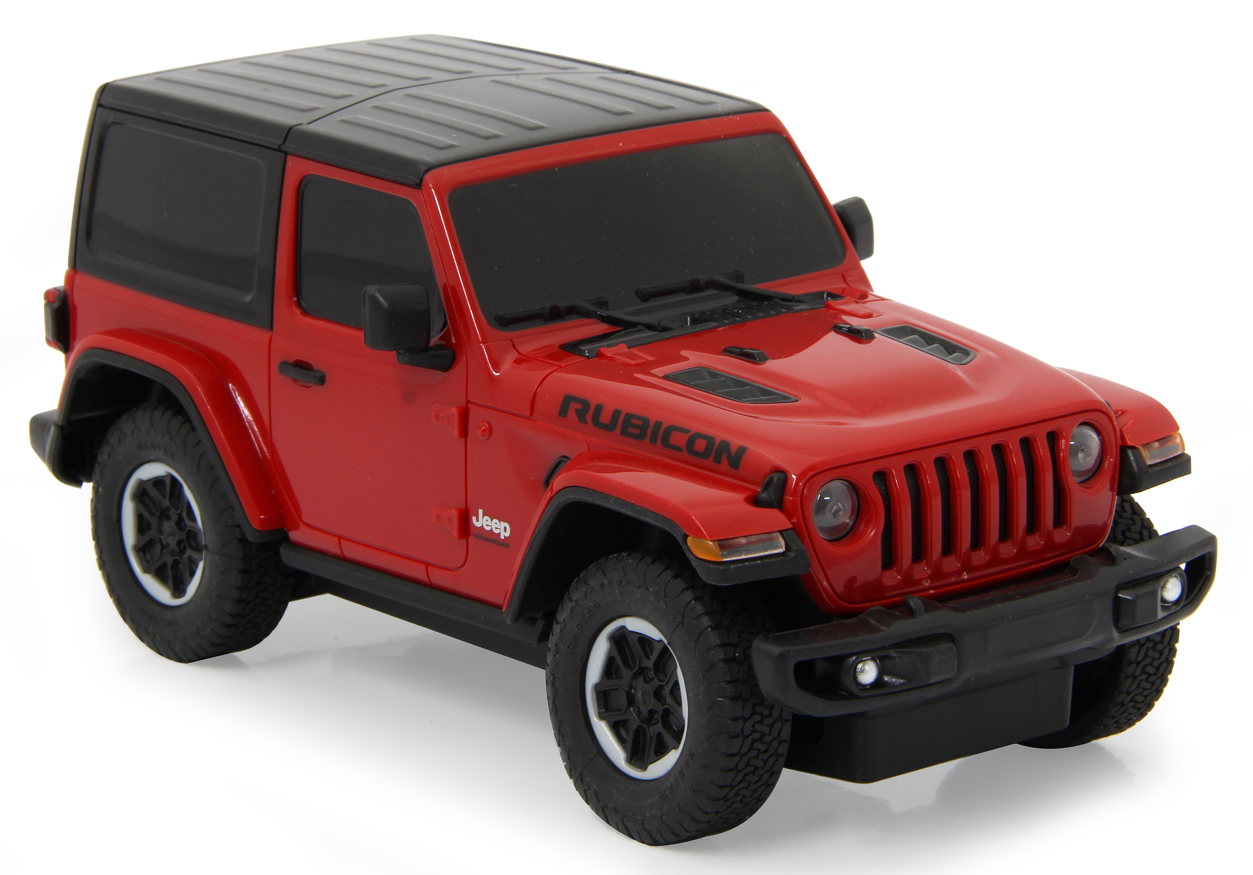 Ein rotes Jeep Wrangler Rubicon Spielzeugauto. Der Jeep hat schwarze Räder und ein schwarzes Dach.