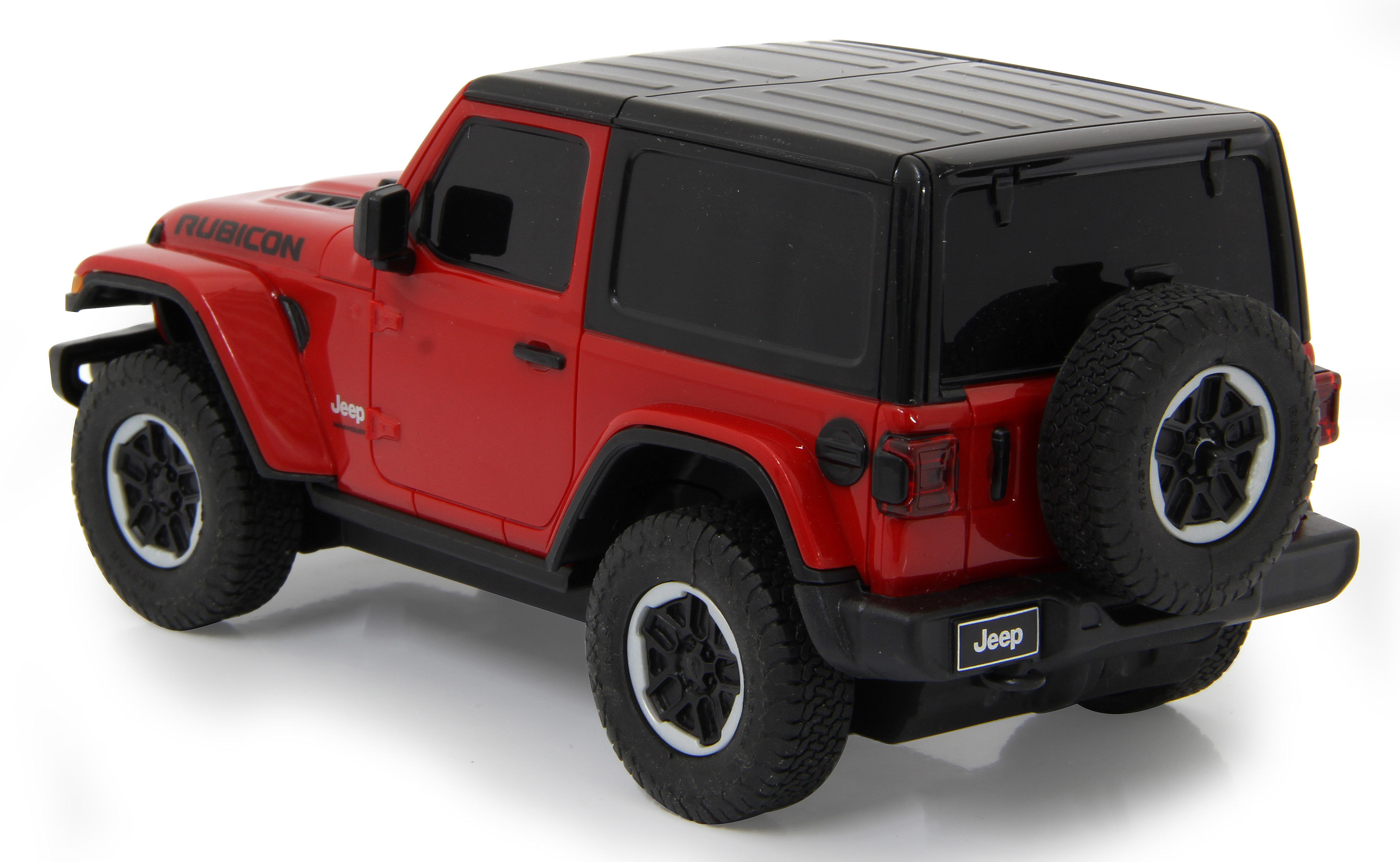 Ein rotes Jeep Rubicon Spielzeugauto von hinten betrachtet. Es hat ein schwarzes Dach und ein Ersatzrad hinten.