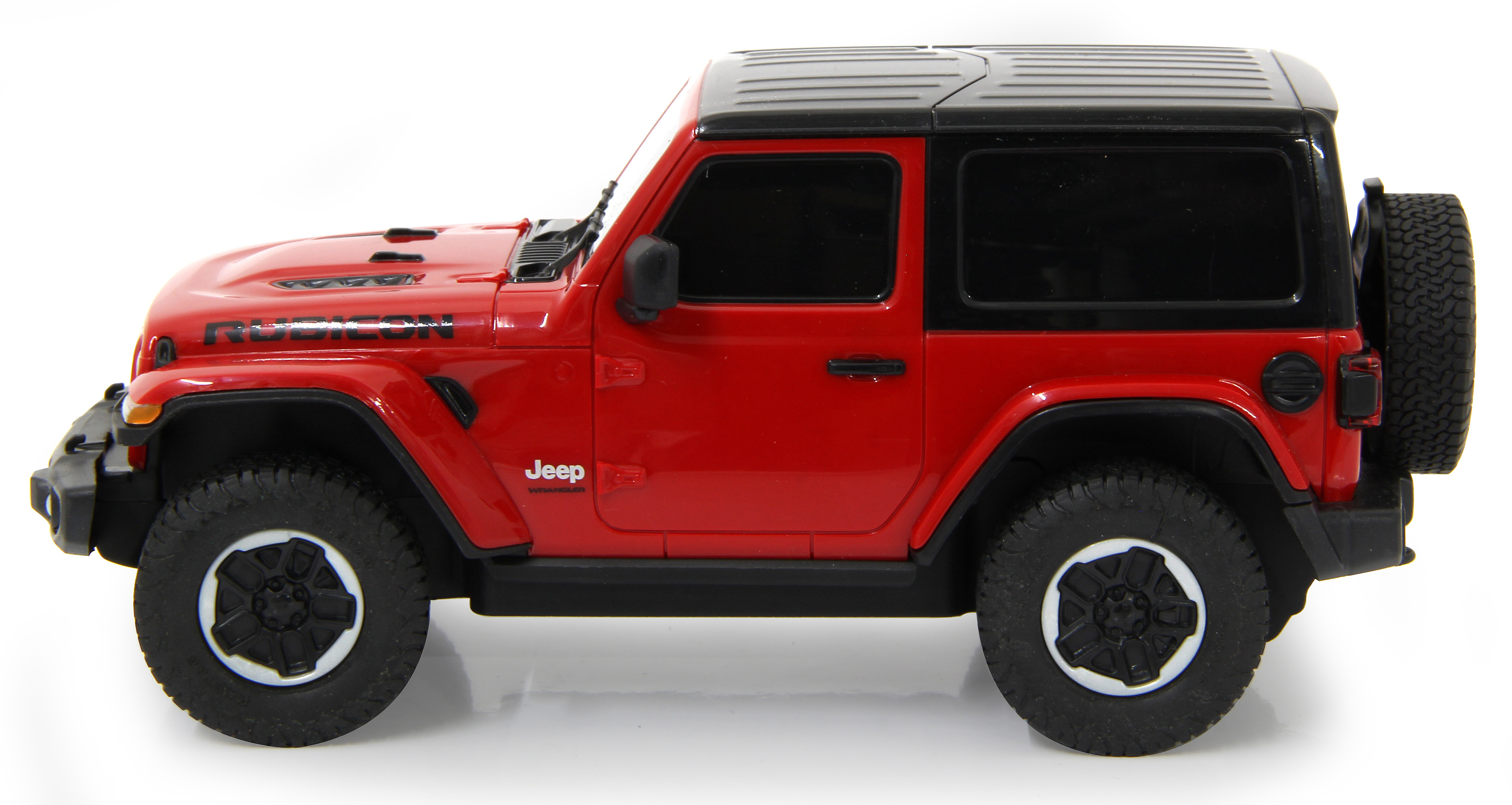 Rotes Jeep Wrangler Rubicon Modellauto. Schwarzes Dach und Reifen. Ersatzreifen hinten.