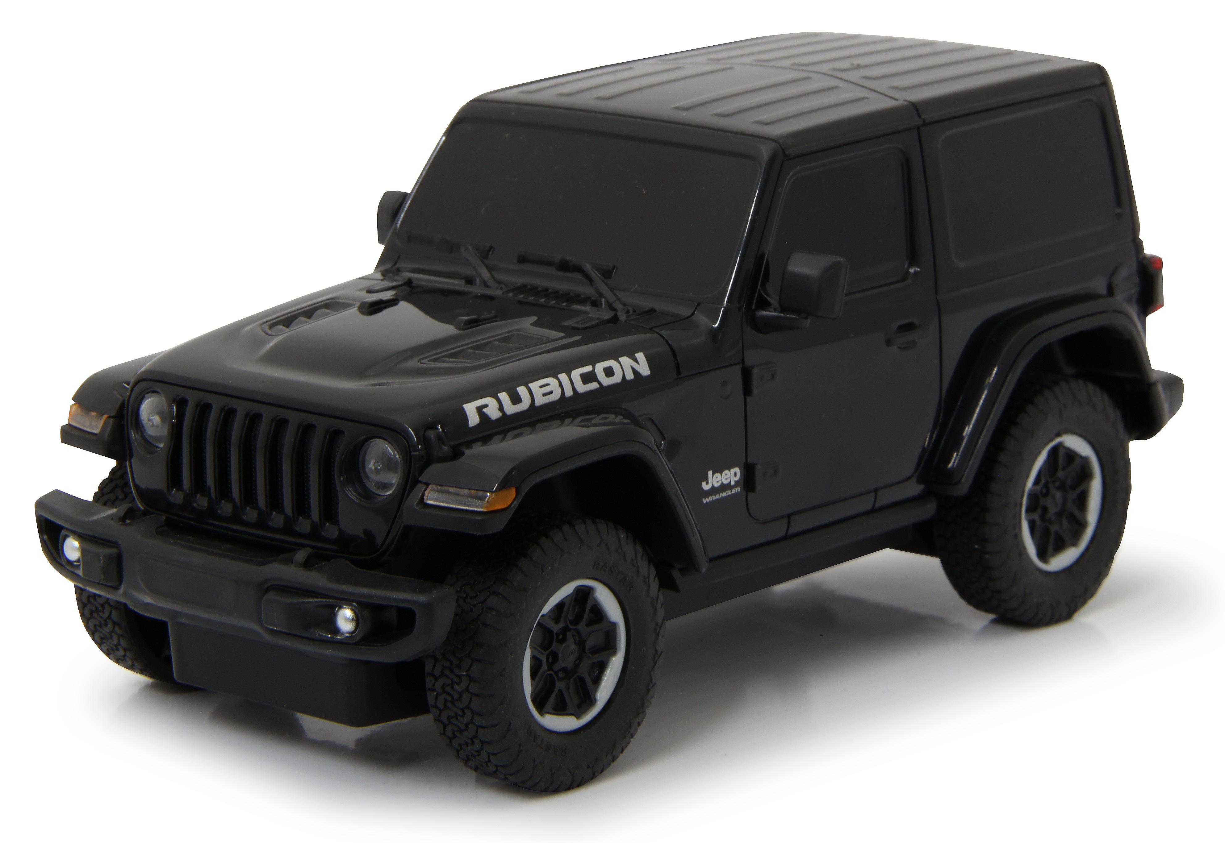 Schwarzes Jeep Wrangler Rubicon Modellauto. Weißer Rubicon-Text auf der Motorhaube. Schwarze Reifen und Felgen.