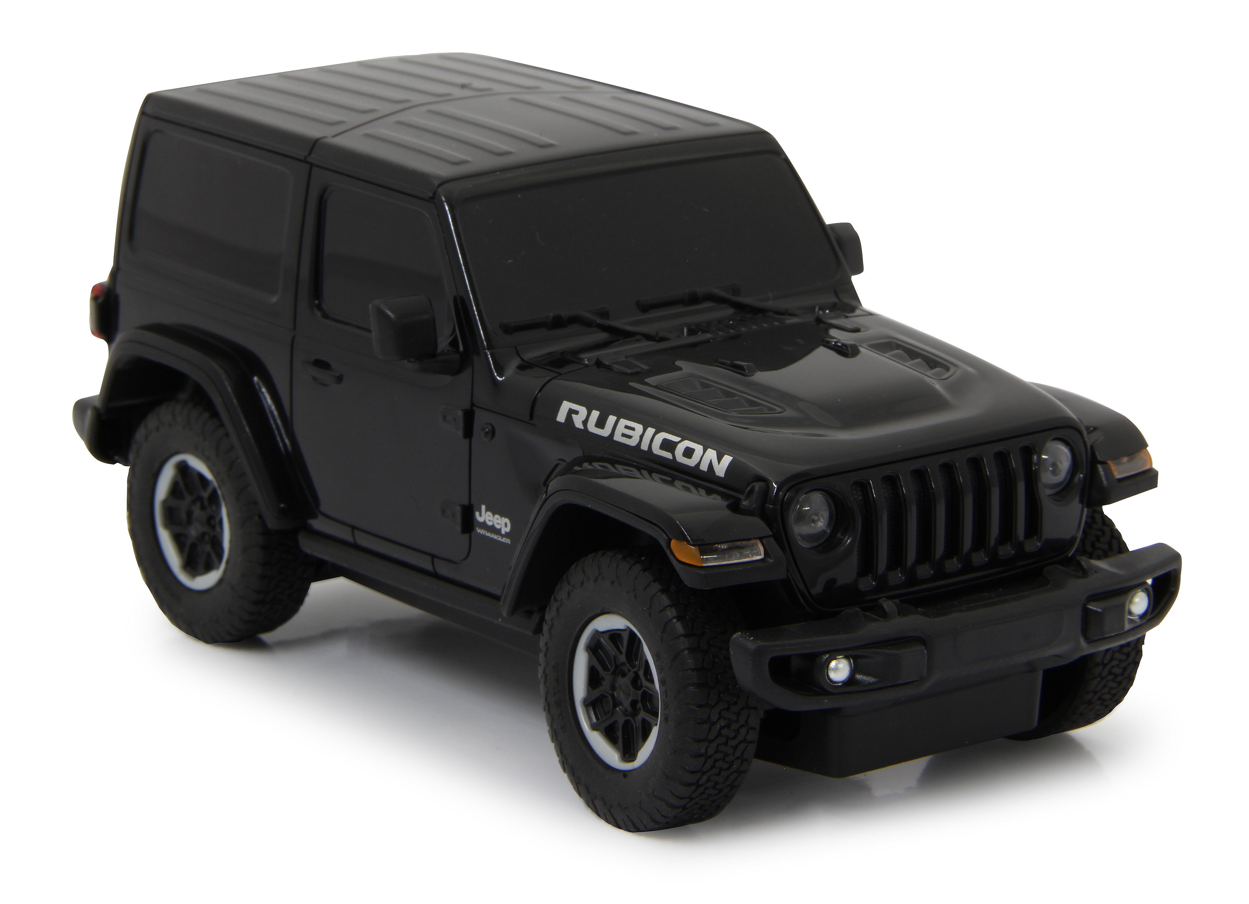 Ein schwarzes Jeep Rubicon Spielzeugauto. Es steht auf weißem Untergrund. Das Wort 'RUBICON' ist auf der Motorhaube zu sehen.