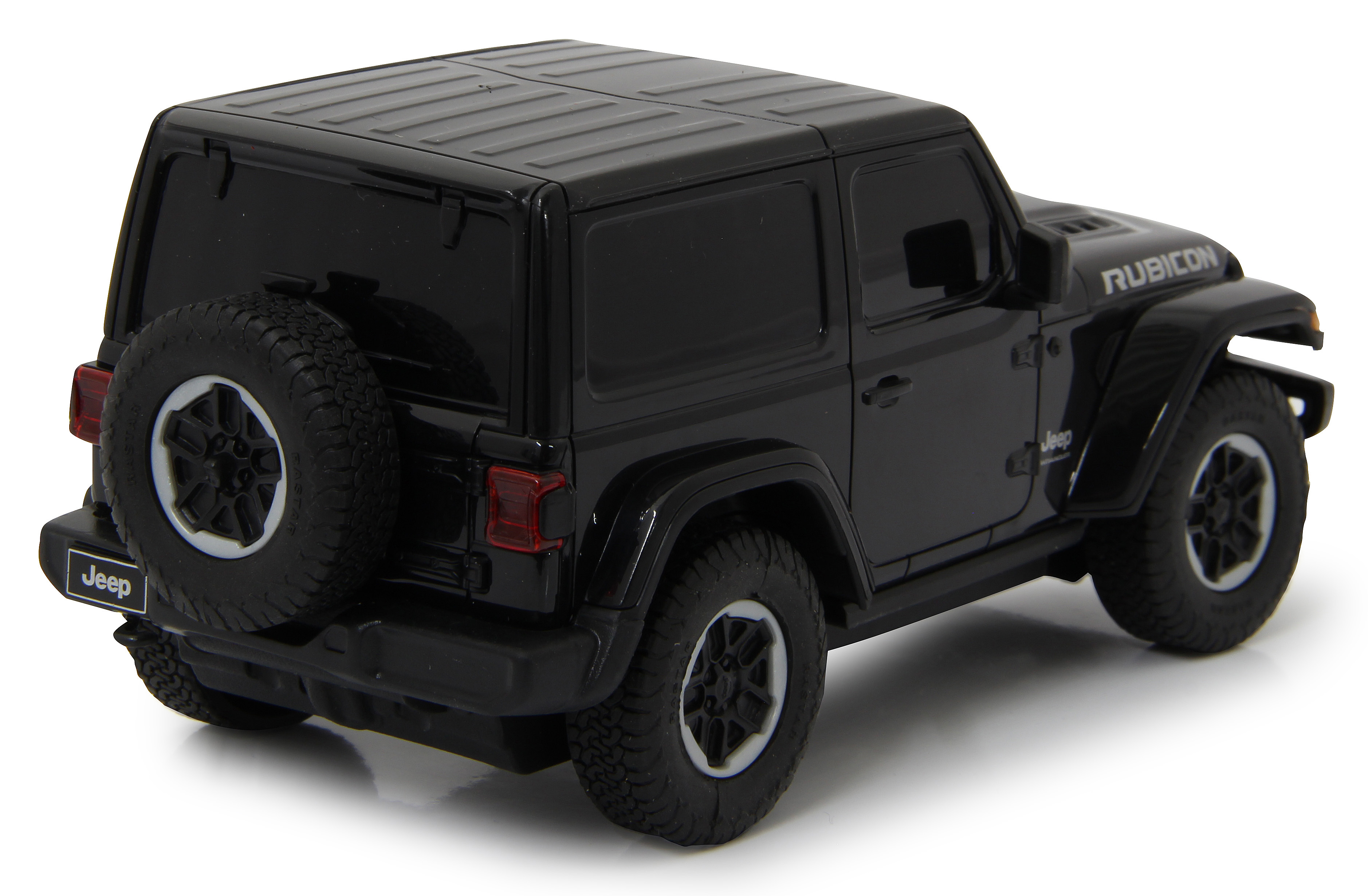 Schwarzes Jeep Wrangler Rubicon Modellauto. Ersatzreifen hinten. Jeep-Logo hinten.