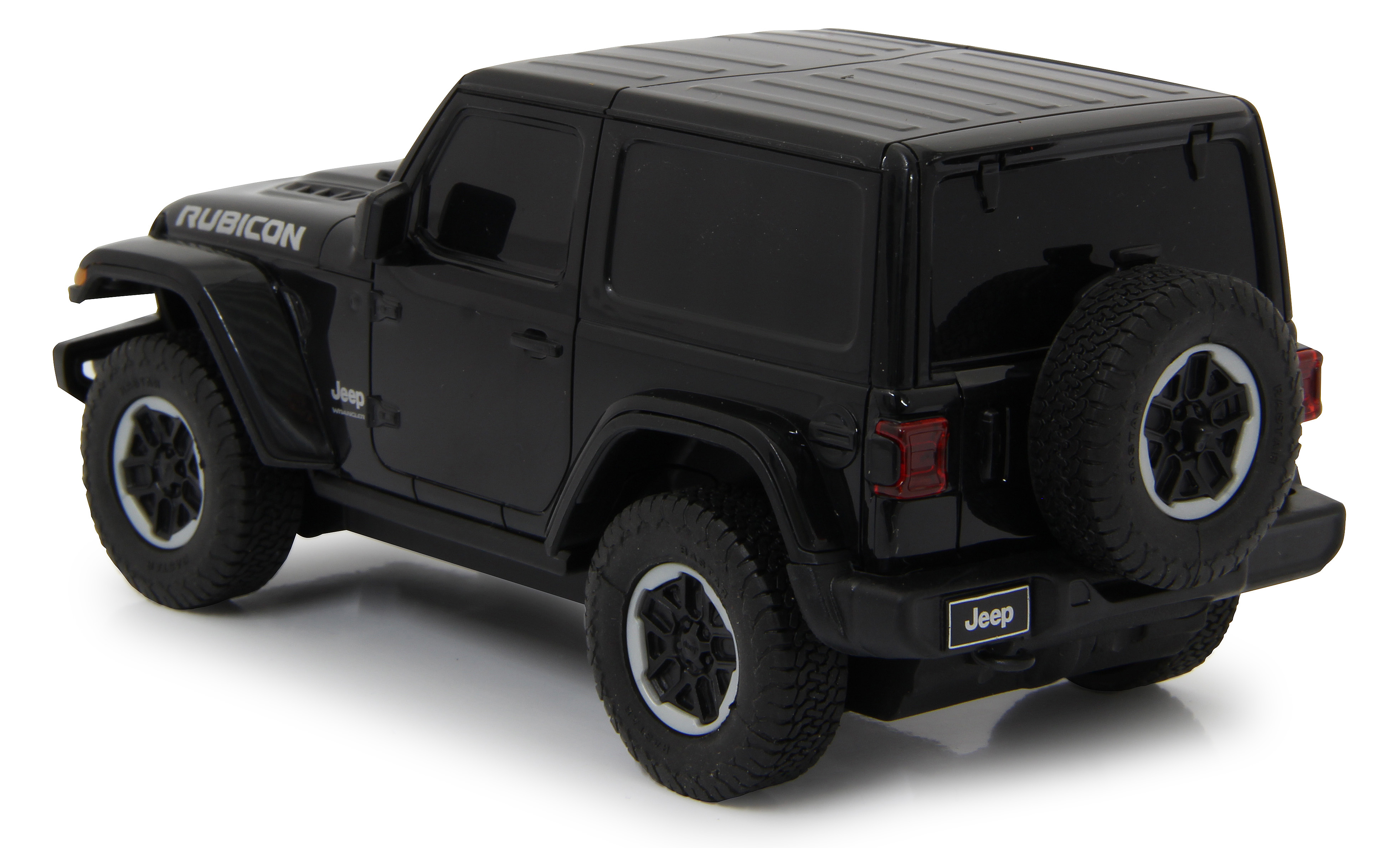 Schwarzes Jeep Wrangler Rubicon Modellauto. Ersatzreifen hinten. Jeep-Logo hinten.