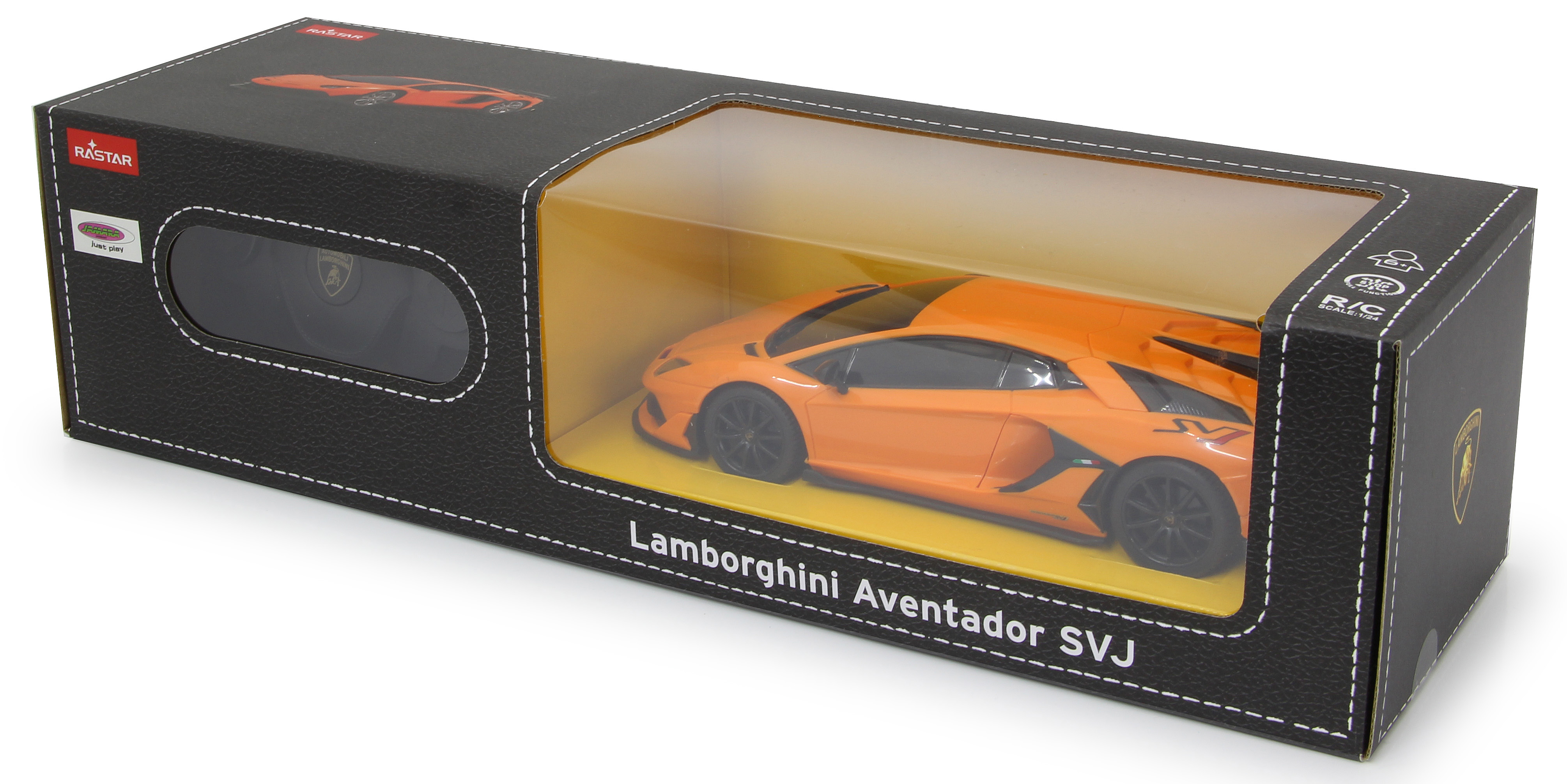 Un coche de juguete en una caja. El coche es naranja y es un modelo Lamborghini Aventador SVJ.