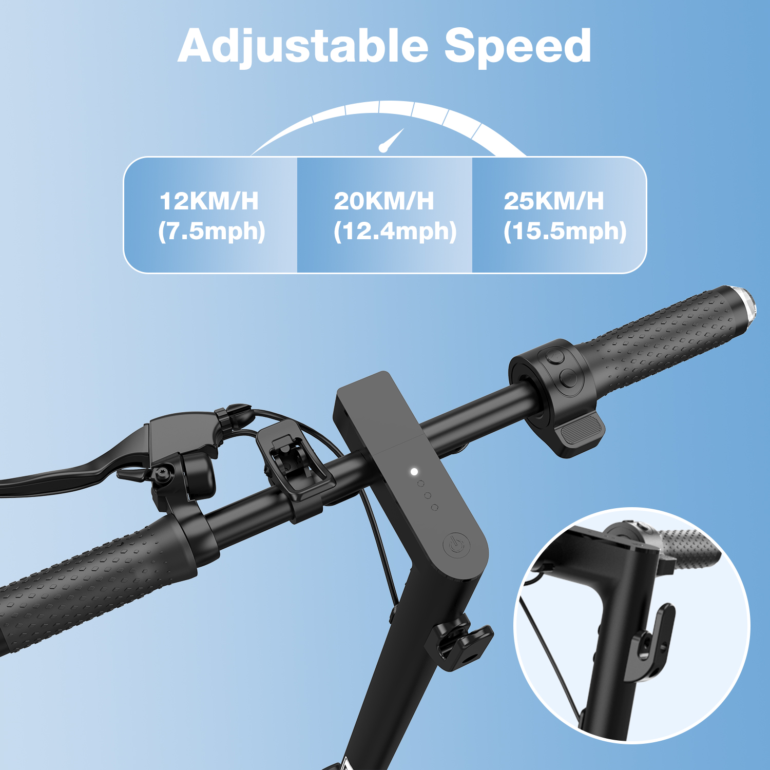 Nahaufnahme eines Rollerlenkers mit einstellbaren Geschwindigkeitseinstellungen: 12 km/h, 20 km/h, 25 km/h. Schwarz.