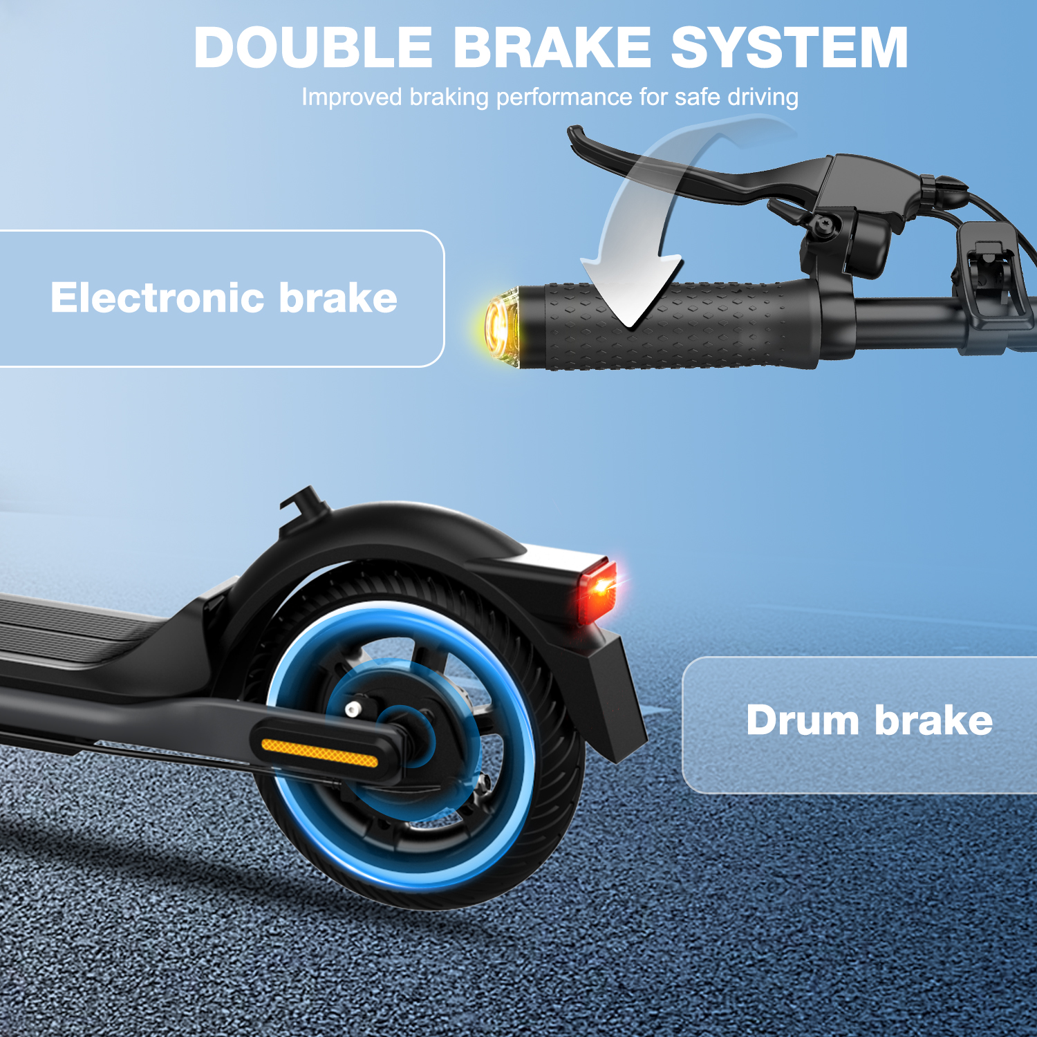 Ein E-Roller mit dem Text Doppeltes Bremssystem, elektronische Bremse und Trommelbremse.