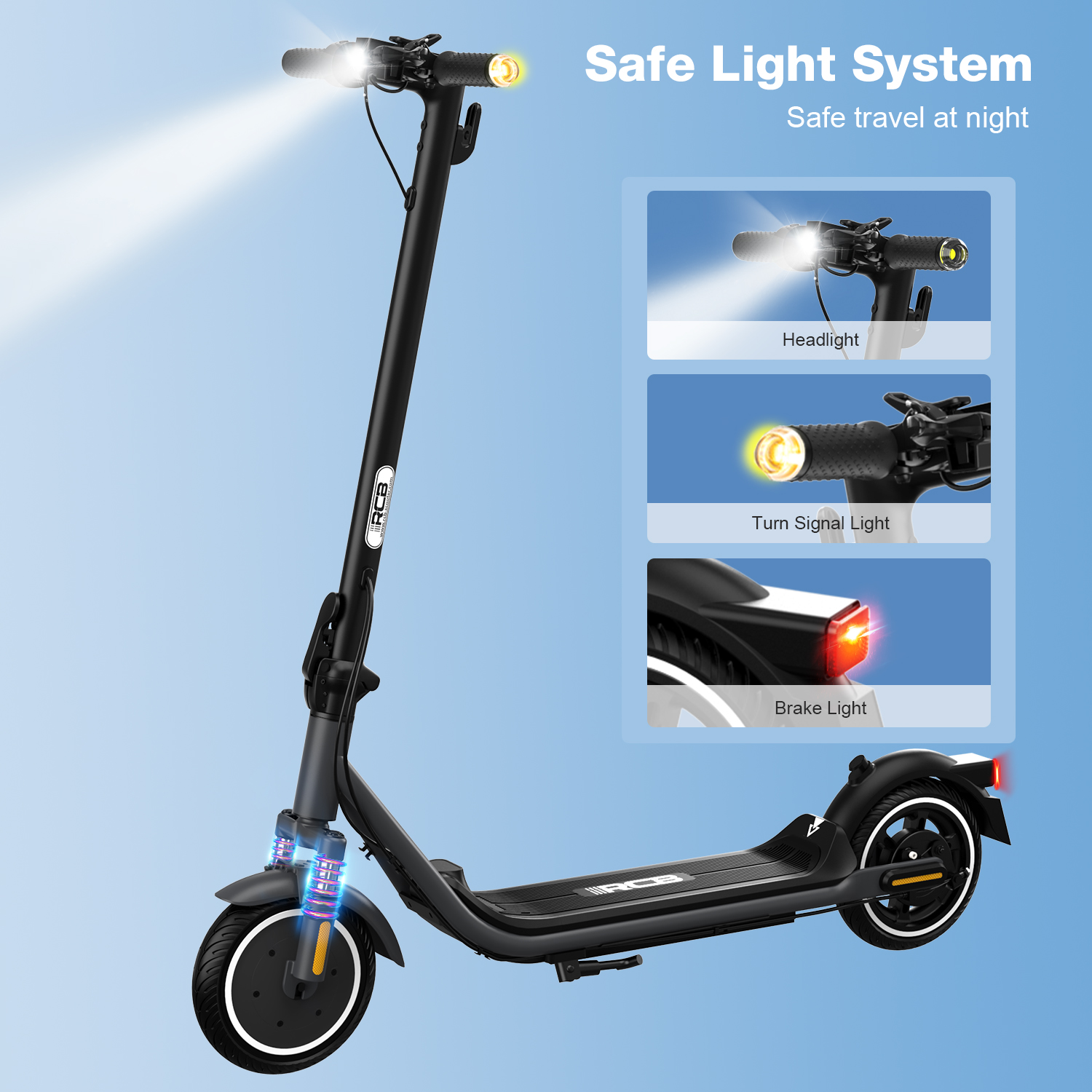 Ein E-Roller, der Sicherheitslichter zeigt. Es gibt einen Scheinwerfer, ein Blinklicht und ein Bremslicht.