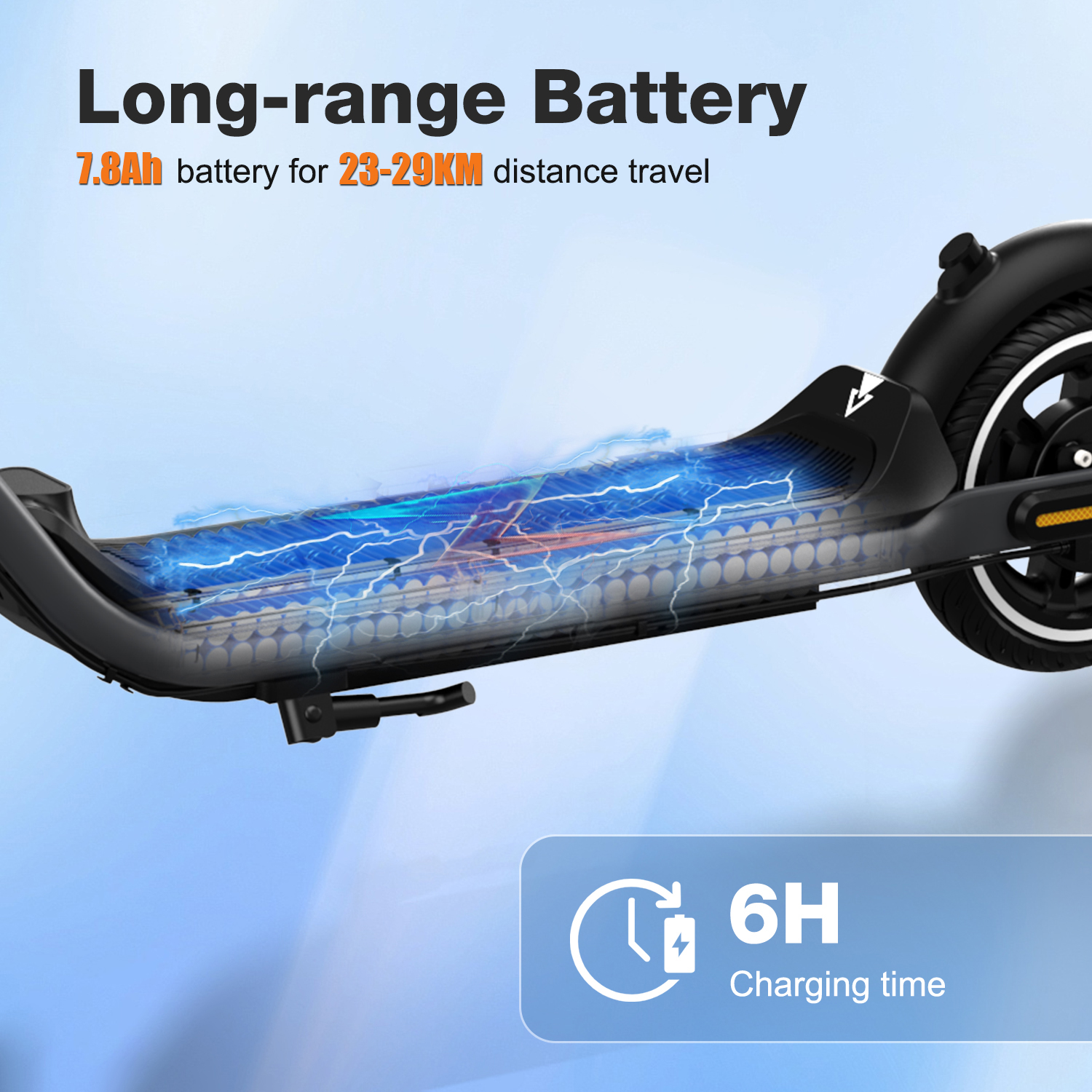 Nahaufnahme des Batteriefachs eines Rollers. Text zeigt 7,8 Ah Batterie für 23-29 km Fahrstrecke.