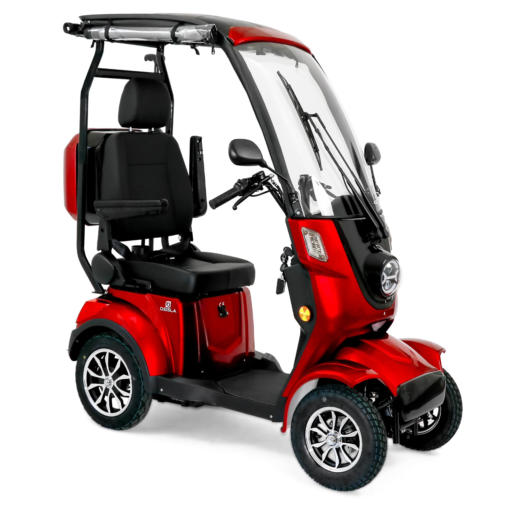 Roter Mobilitätsroller mit schwarzem Verdeck und Windschutzscheibe. Er hat vier Räder und Scheinwerfer.