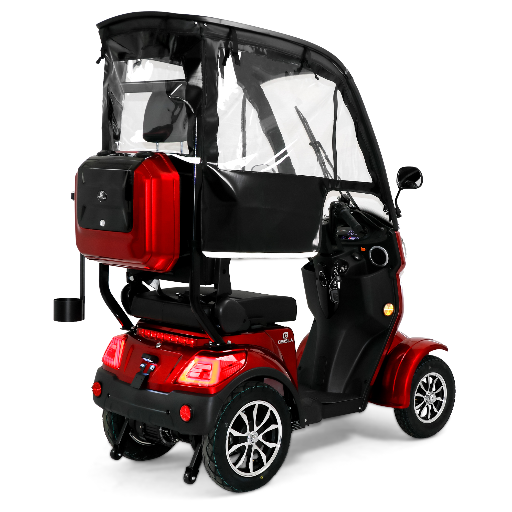 Roter und schwarzer Mobilitätsroller mit Verdeck. Er hat drei Räder und einen Sitz mit Becherhalter.