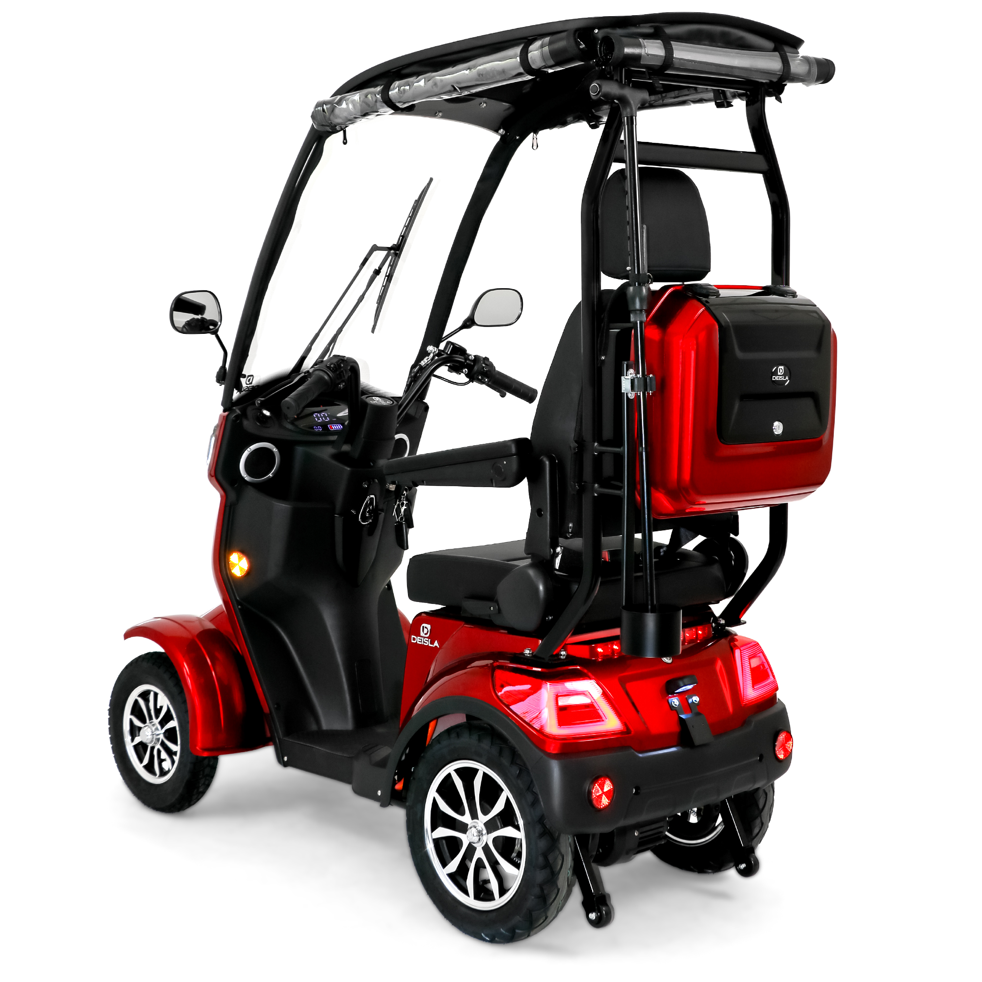 Roter Mobilitätsroller mit schwarzem Verdeck, Windschutzscheibe und vier Rädern. Er hat einen Sitz und Stauraum.