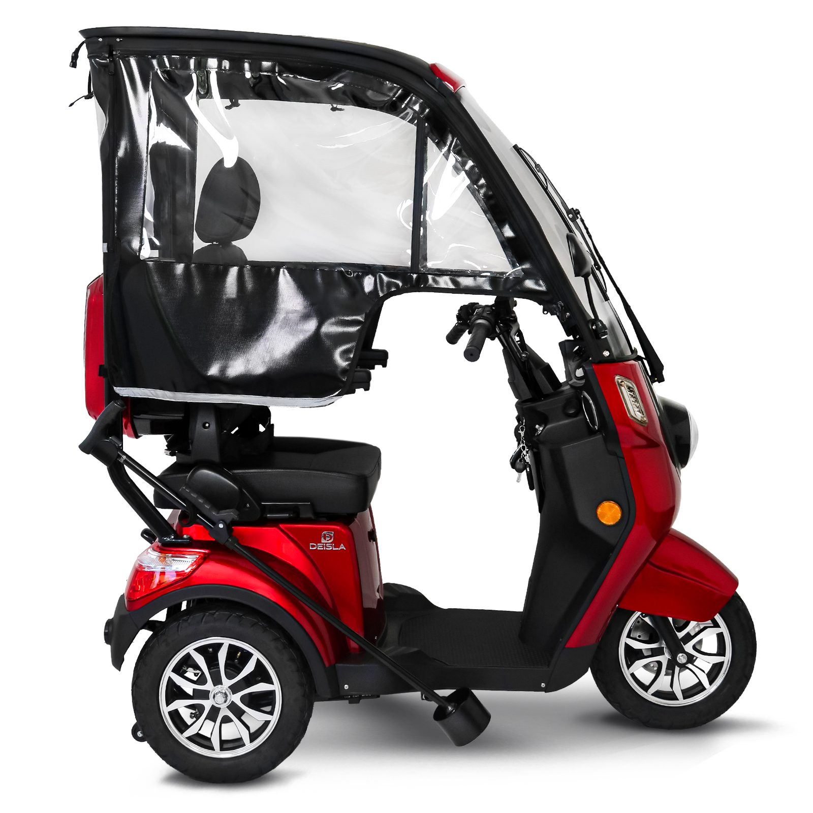 Roter Mobilitätsroller mit schwarzem Verdeck, Windschutzscheibe und Seitentür. Es hat vier Räder und eine Seitenansicht.
