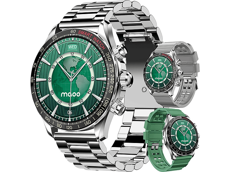 MAOO Titan Smartwatch Herren AMOLED Always-On Telefonieren Nachrichten Edelstahlarmband + 2 TPU-Armbänder, 22 mm, Silber; Grau; Grün