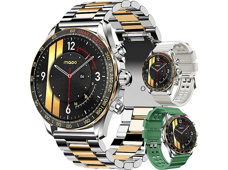 MAOO Titan Smartwatch Herren AMOLED Always-On Telefonieren Nachrichten Edelstahlarmband + 2 TPU-Armbänder, 22 mm, Gold; Silber; Grün