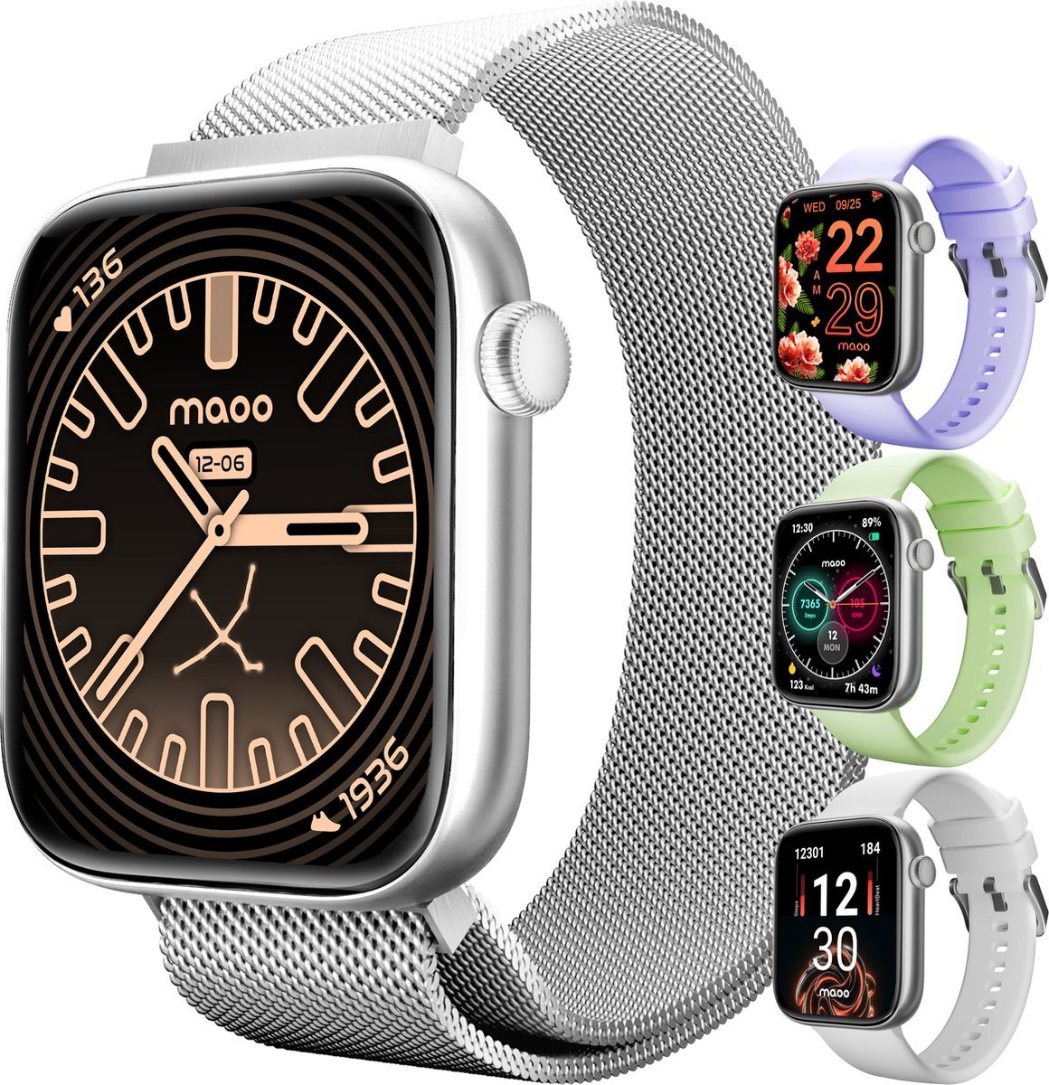 Smartwatch mit silbernem Gehäuse und Mesh-Armband. Zeigt Zeit und Datum auf verschiedenen Zifferblättern.