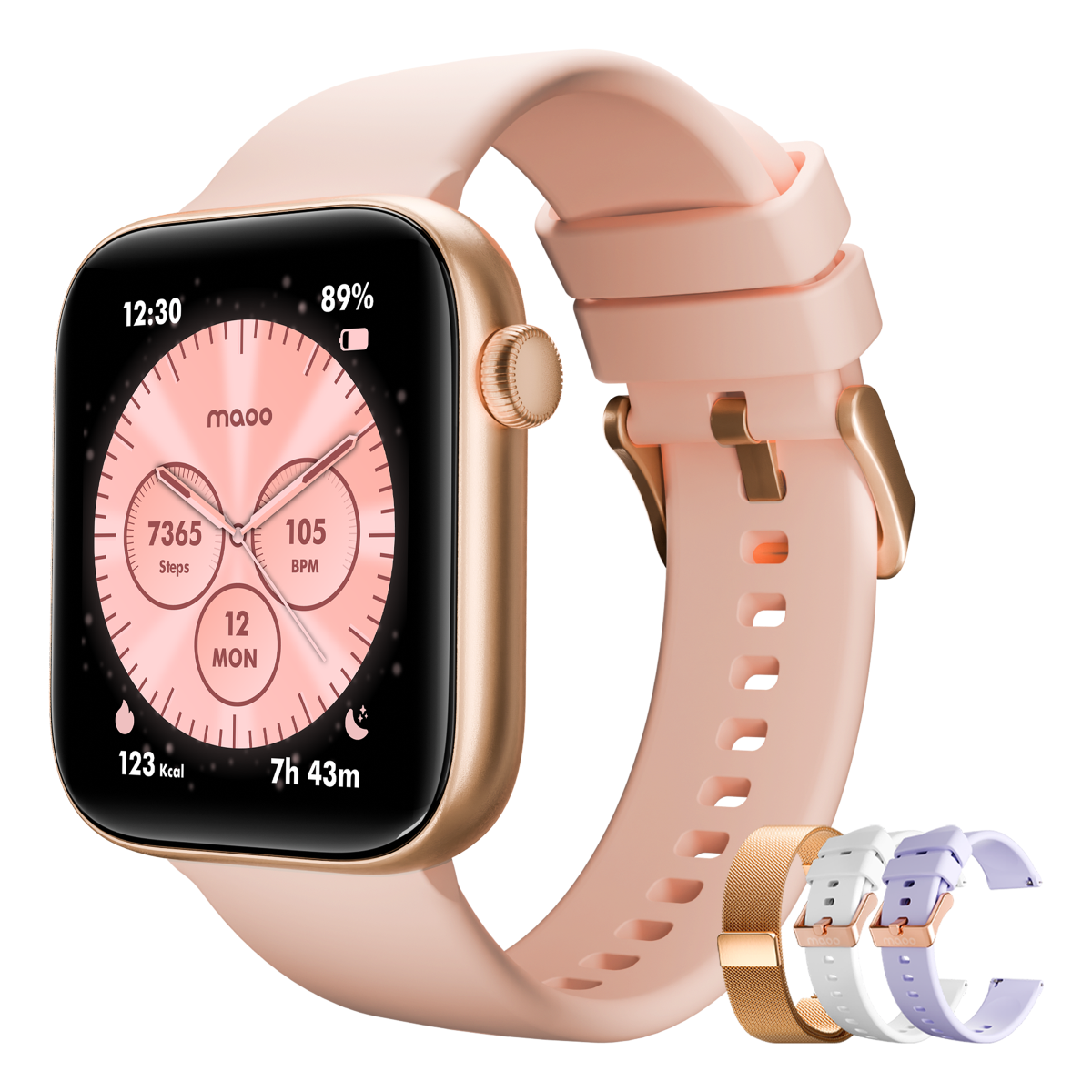 Eine Smartwatch mit pinkfarbenem Band, Bildschirm mit Fitnessdaten und zusätzlichen Bändern.