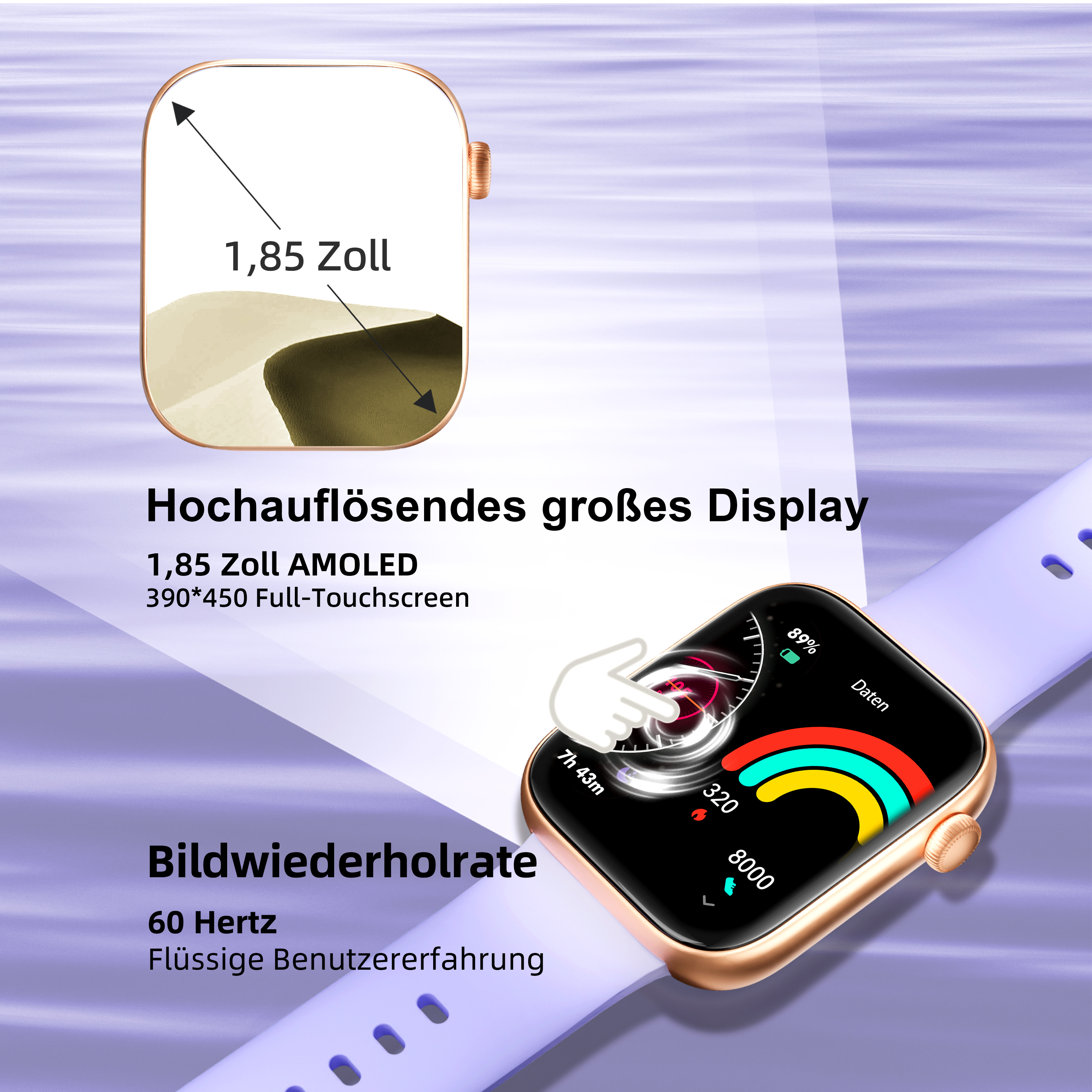 Eine grün-schwarze Smartwatch mit Camouflage-Zifferblatt, die Zeit, Datum, Herzfrequenz und Schritte anzeigt.