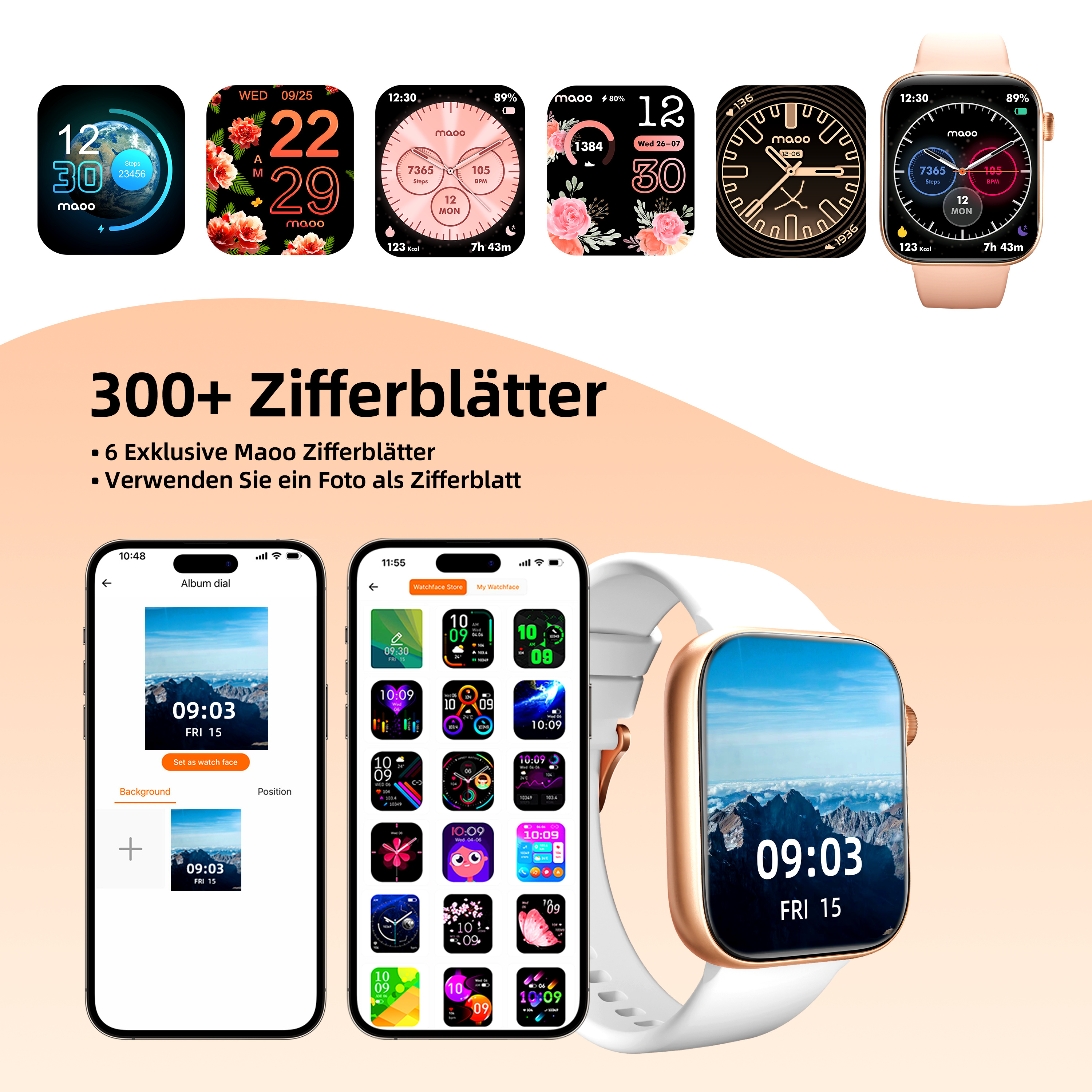 Eine Smartwatch mit mehreren Zifferblättern auf dem Bildschirm und einem weißen Armband.
