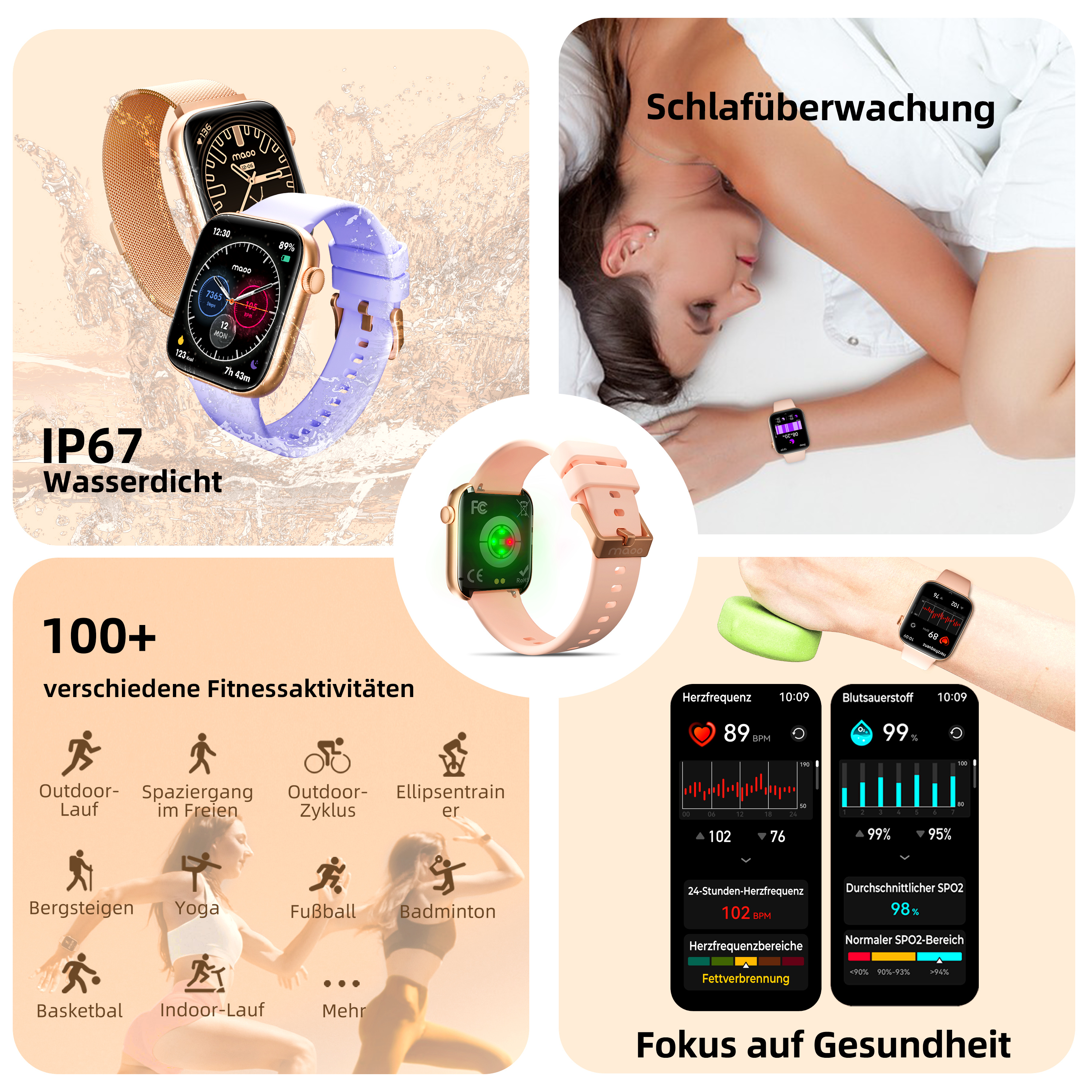 Eine Smartwatch mit Fitness-Tracking-Daten und zusätzlichen Armbändern im Bild.