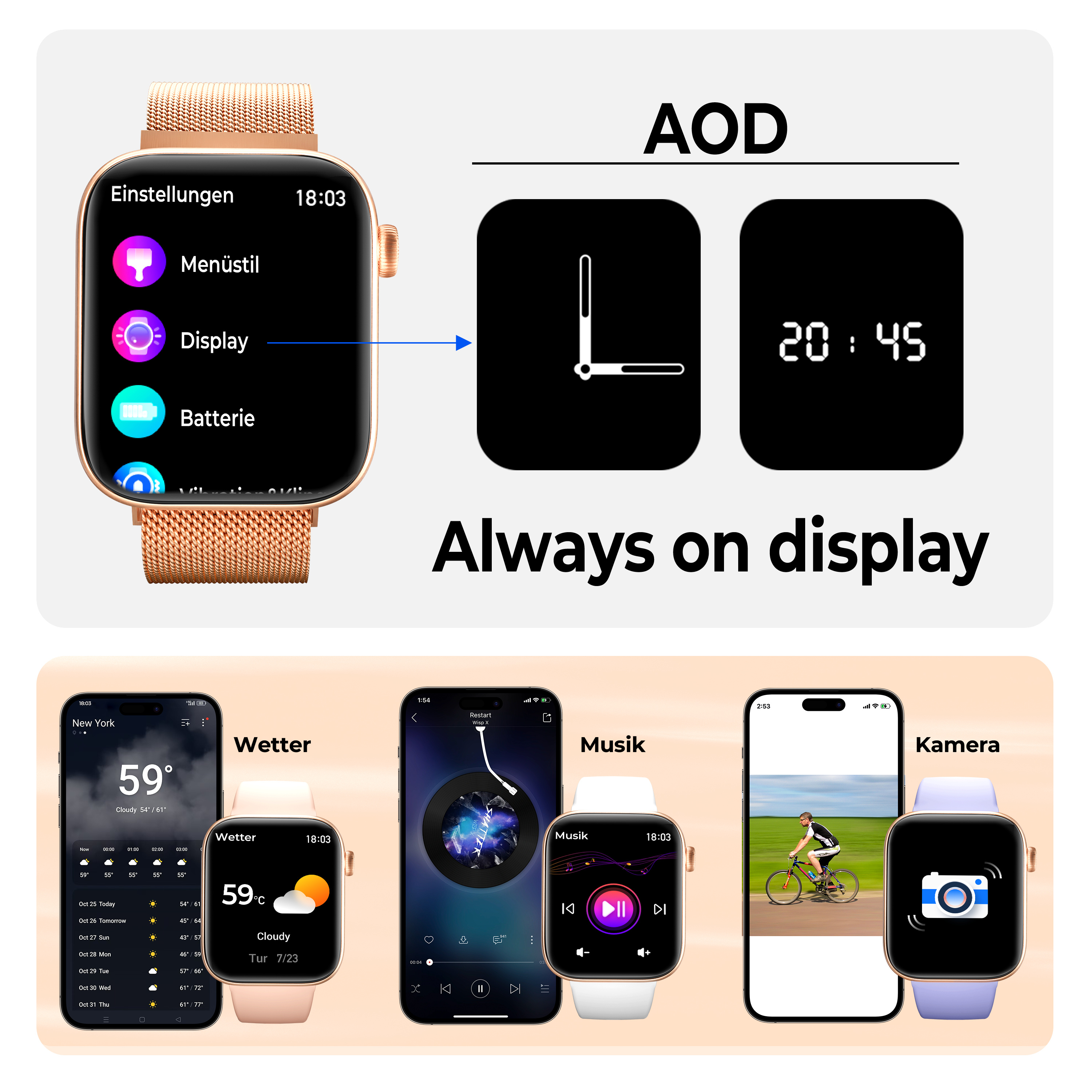 Eine Smartwatch zeigt Zeit, Einstellungen und Wetter an. Unten gibt es Bilder von Apps wie Wetter und Musik.
