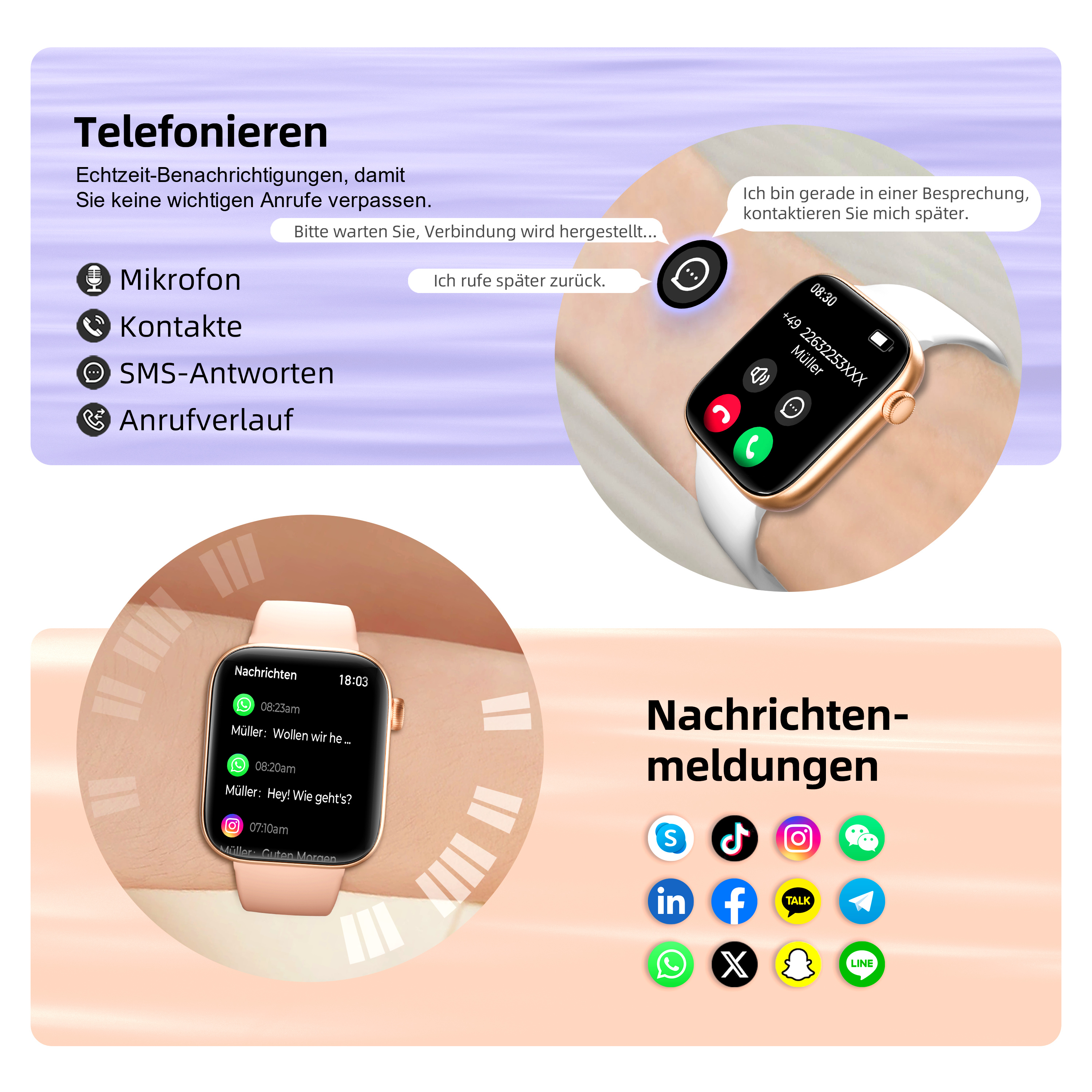 Eine schwarze Smartwatch mit schwarzem Metallarmband und orangefarbenen Akzenten. Zeigt Zeit und Schrittzahl an.