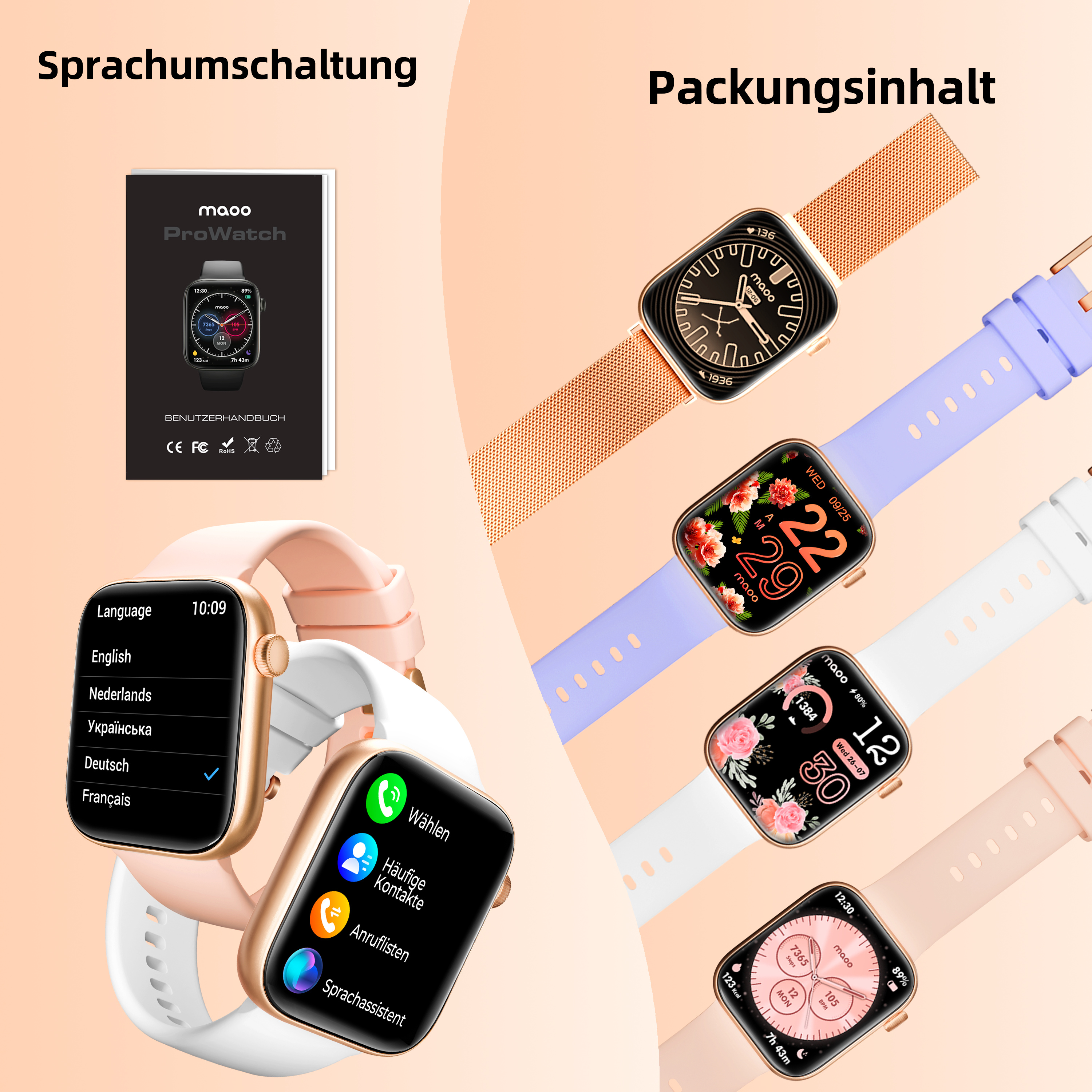 Verschiedene Smartwatches mit farbigen Bändern und Displays sowie eine Anleitung auf hellem Hintergrund.