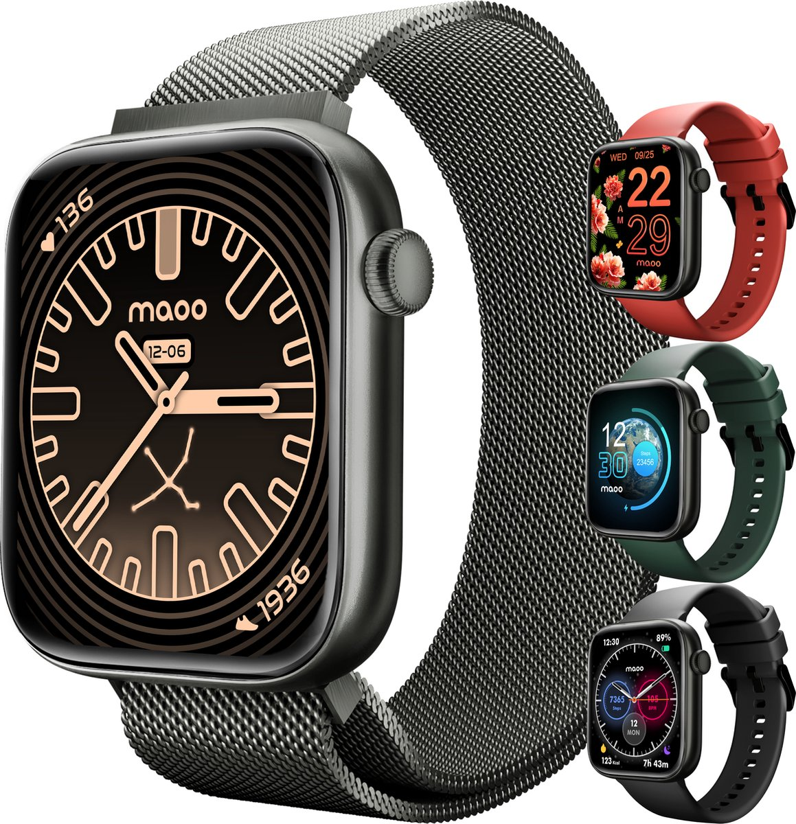 Eine graue Smartwatch mit schwarzem Armband, mit verschiedenen Zifferblättern.