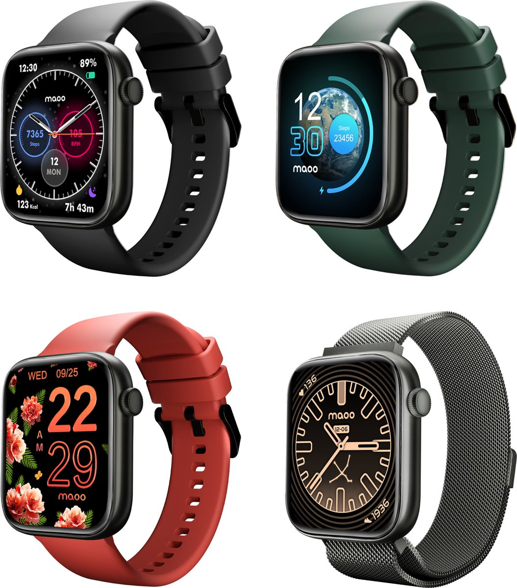 Vier Smartwatches mit quadratischen Gesichtern, schwarzen und farbigen Bändern, die Zeit und Aktivitätsmetriken anzeigen.