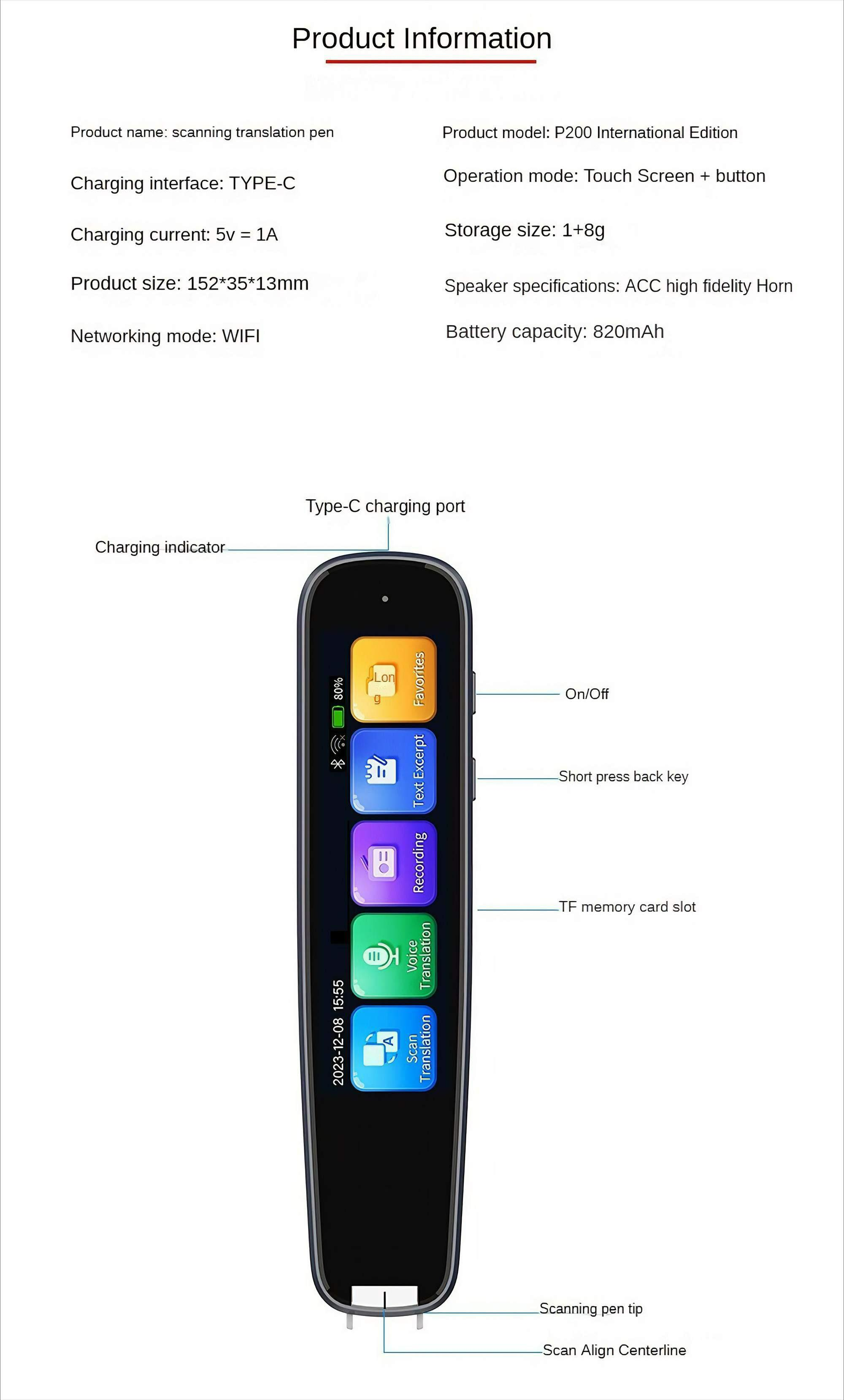Schwarz-weißer Scan-Übersetzungsstift mit Bildschirm und Tasten. Produktinformationen oben.