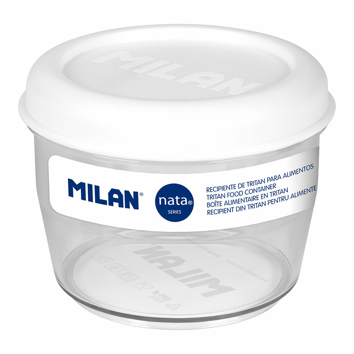 Contenitore per alimenti trasparente e rotondo con coperchio bianco. Il marchio 'MILAN' è stampato sull'etichetta.
