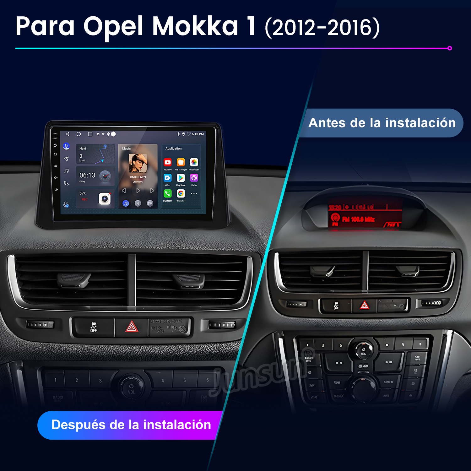 Un salpicadero de coche con una pantalla estéreo que muestra la navegación. El texto 'Para Opel Mokka 1' está en la parte superior.