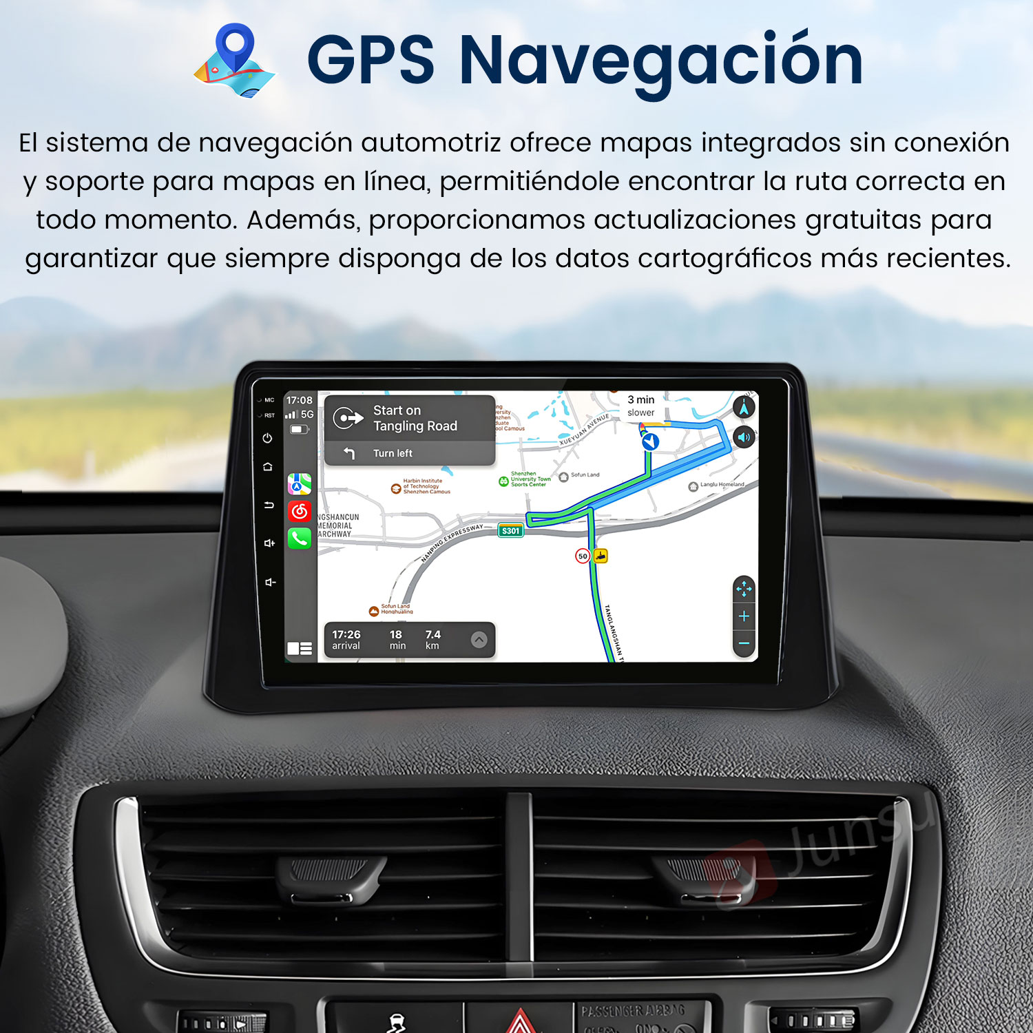 Un salpicadero de coche que muestra la navegación GPS en una pantalla. El texto 'GPS Navegación' está en la parte superior de la pantalla.