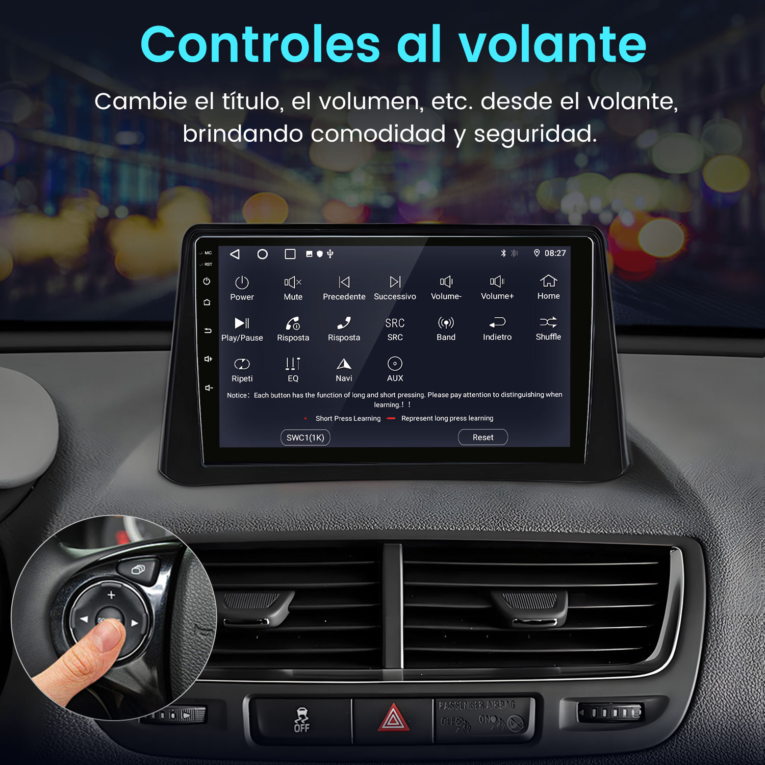 Pantalla del sistema multimedia del coche en el tablero, mostrando controles, con una mano en el volante.