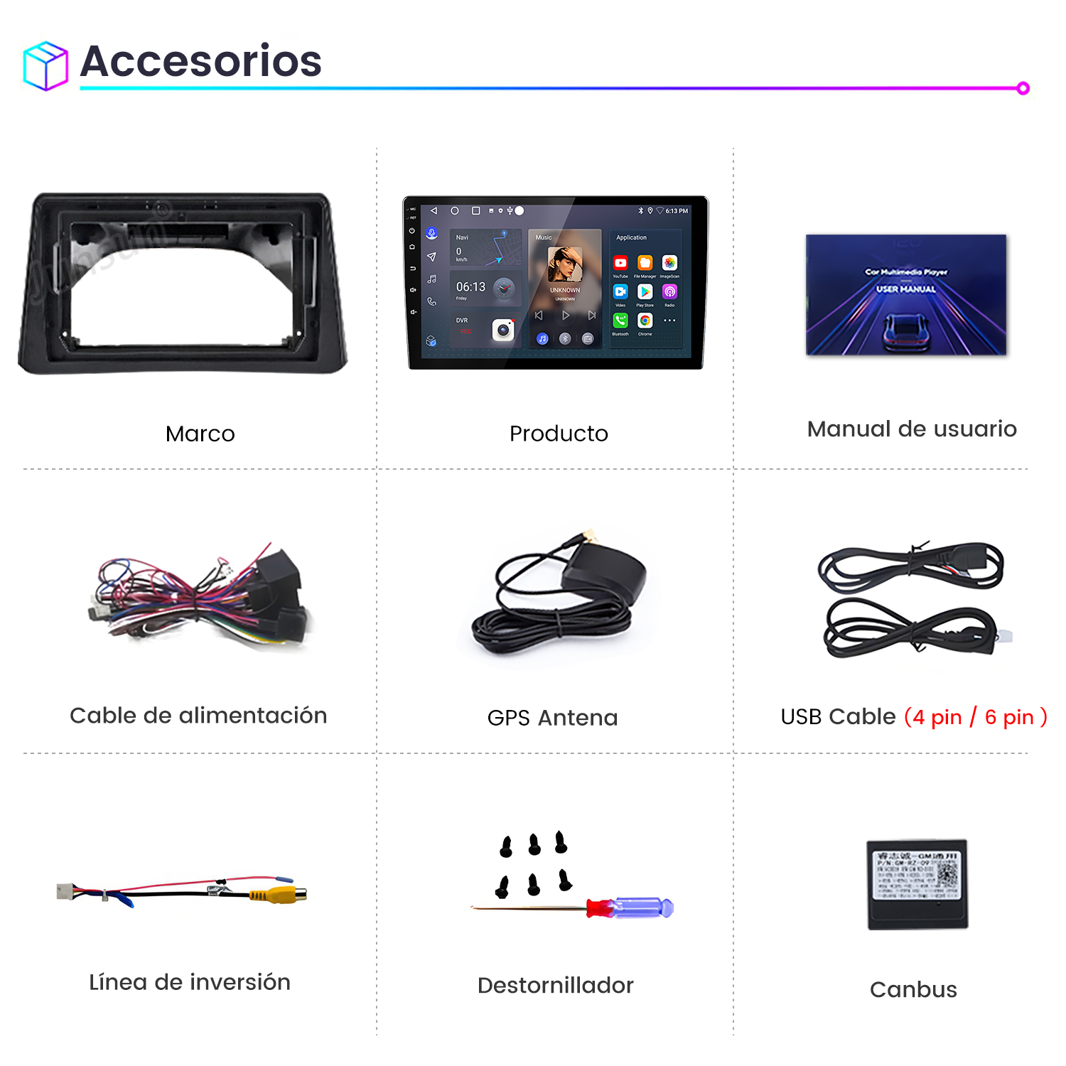 Imagen muestra accesorios de coche: marco, pantalla, manual, cables y otros elementos.