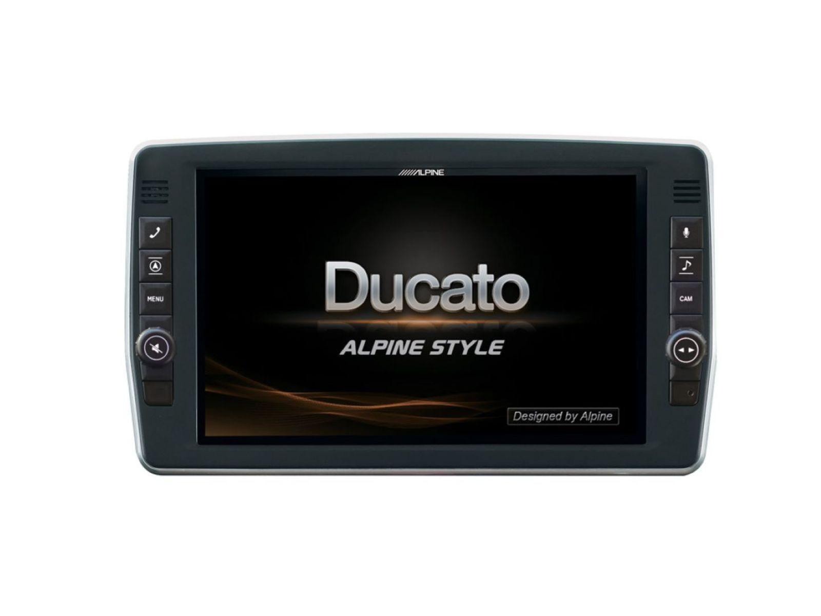 Autobildschirm mit dem Wort 'Ducato' und 'Alpine Style'. Schwarzer Bildschirm mit Seitentasten auf Weiß.