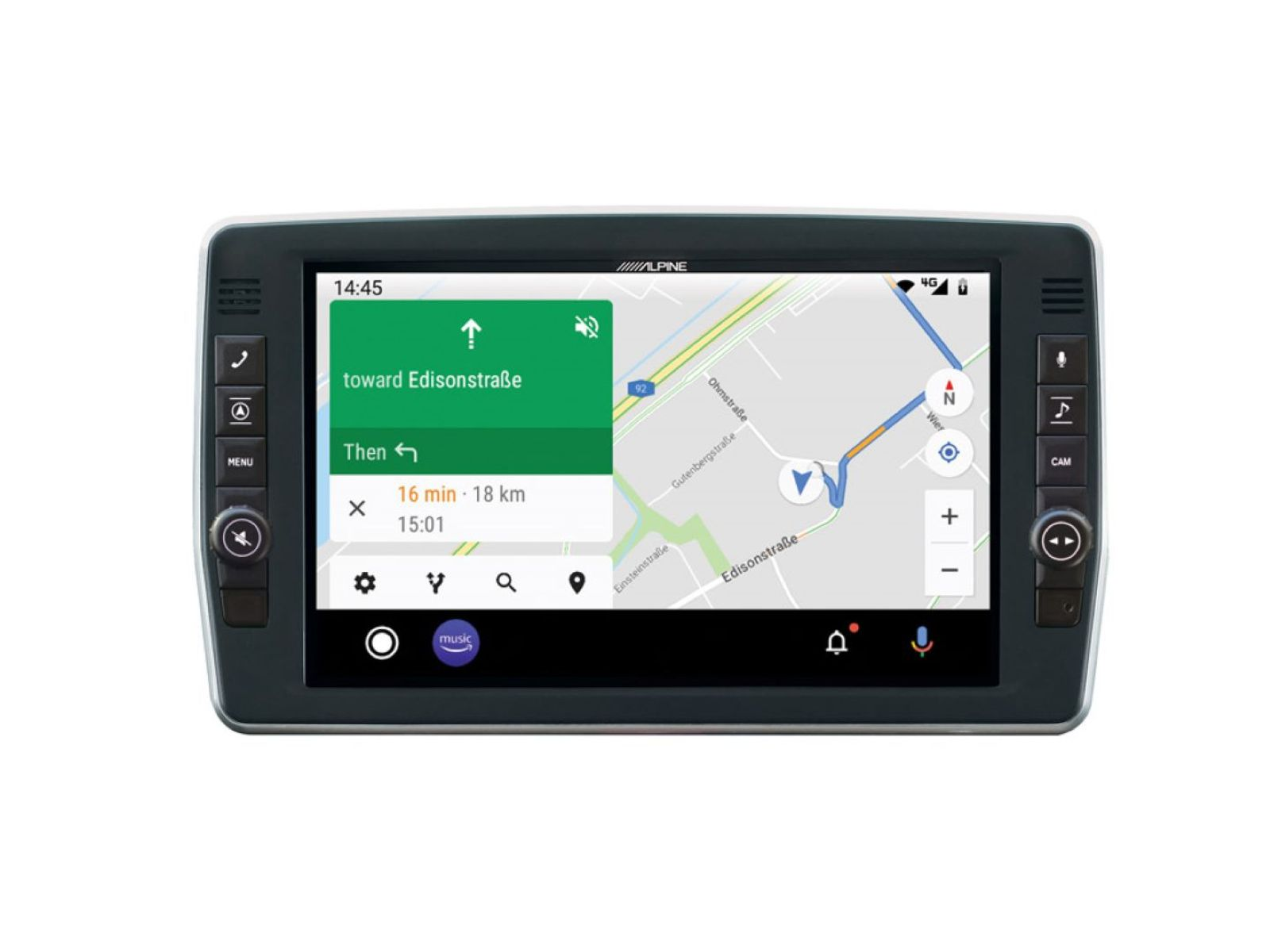 Auto-Bildschirm mit Kartennavigation, zeigt Wegbeschreibungen auf weißem Hintergrund. Knöpfe und Widgets an der Seite.