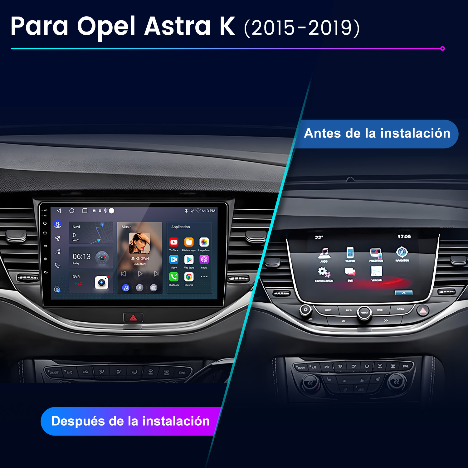 Panel del coche mostrando la instalación antes y después. El nuevo sistema muestra una pantalla con aplicaciones.