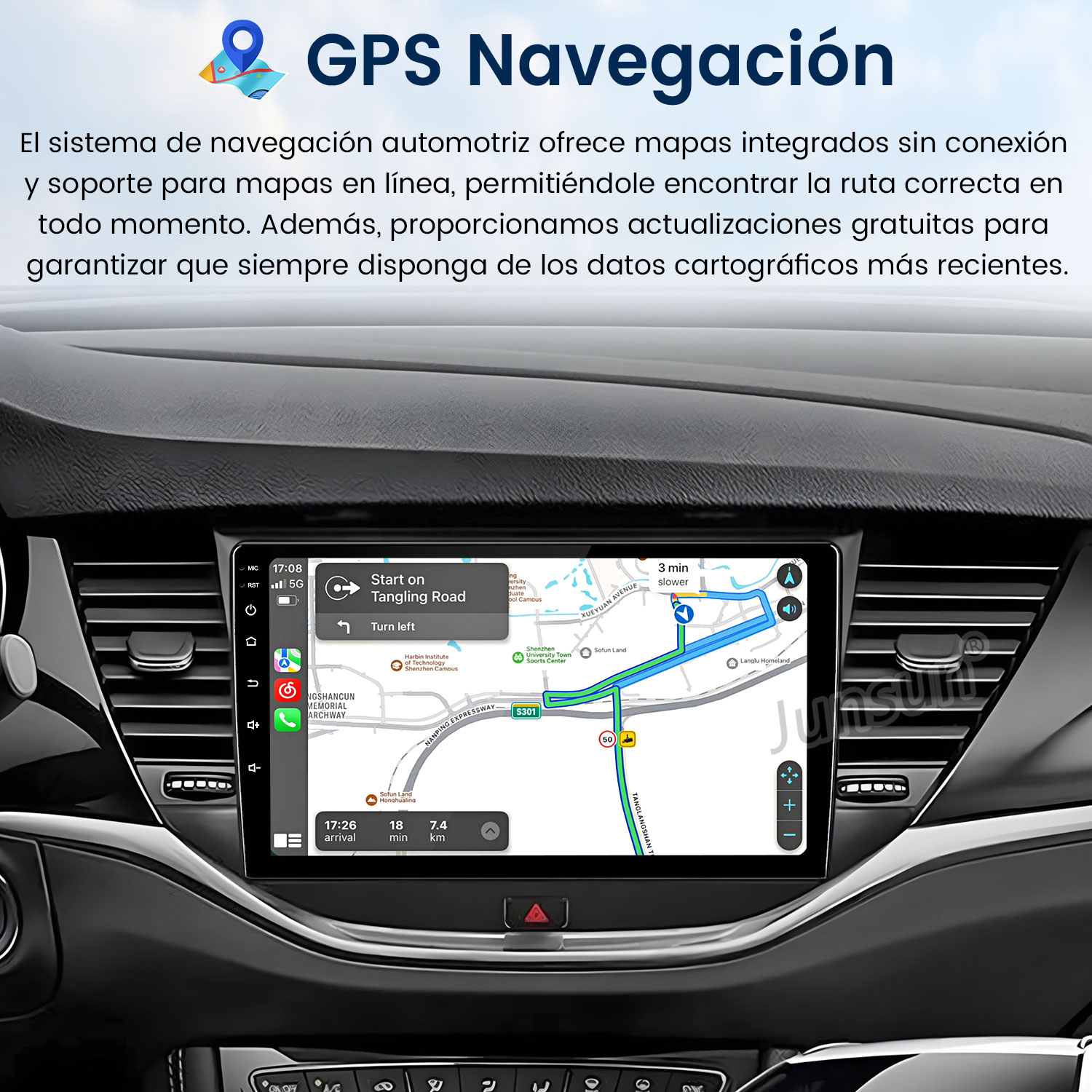 Pantalla del sistema multimedia del coche mostrando navegación con mapa y direcciones.