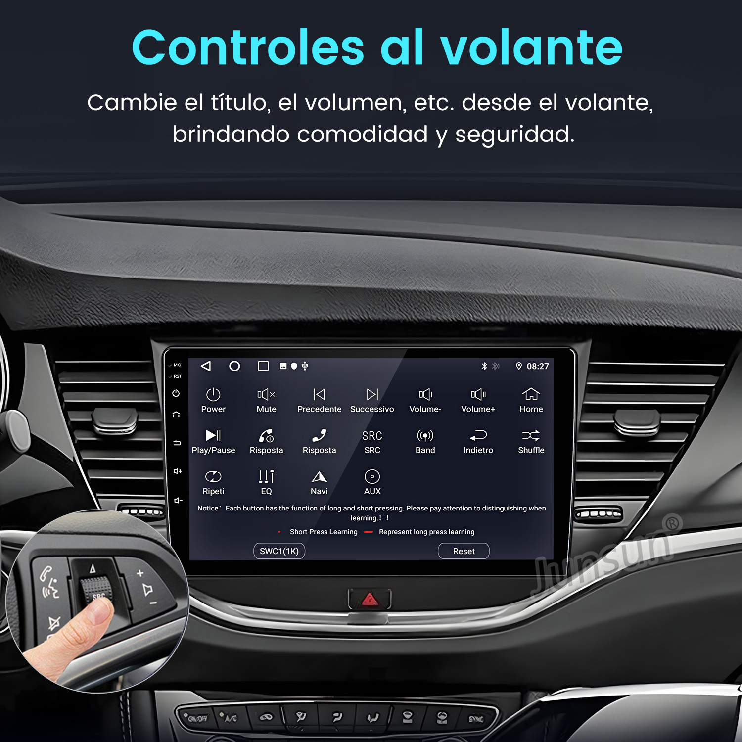 Sistema multimedia del coche con controles en el volante. Muestra botones para encendido, volumen, silencio y más.