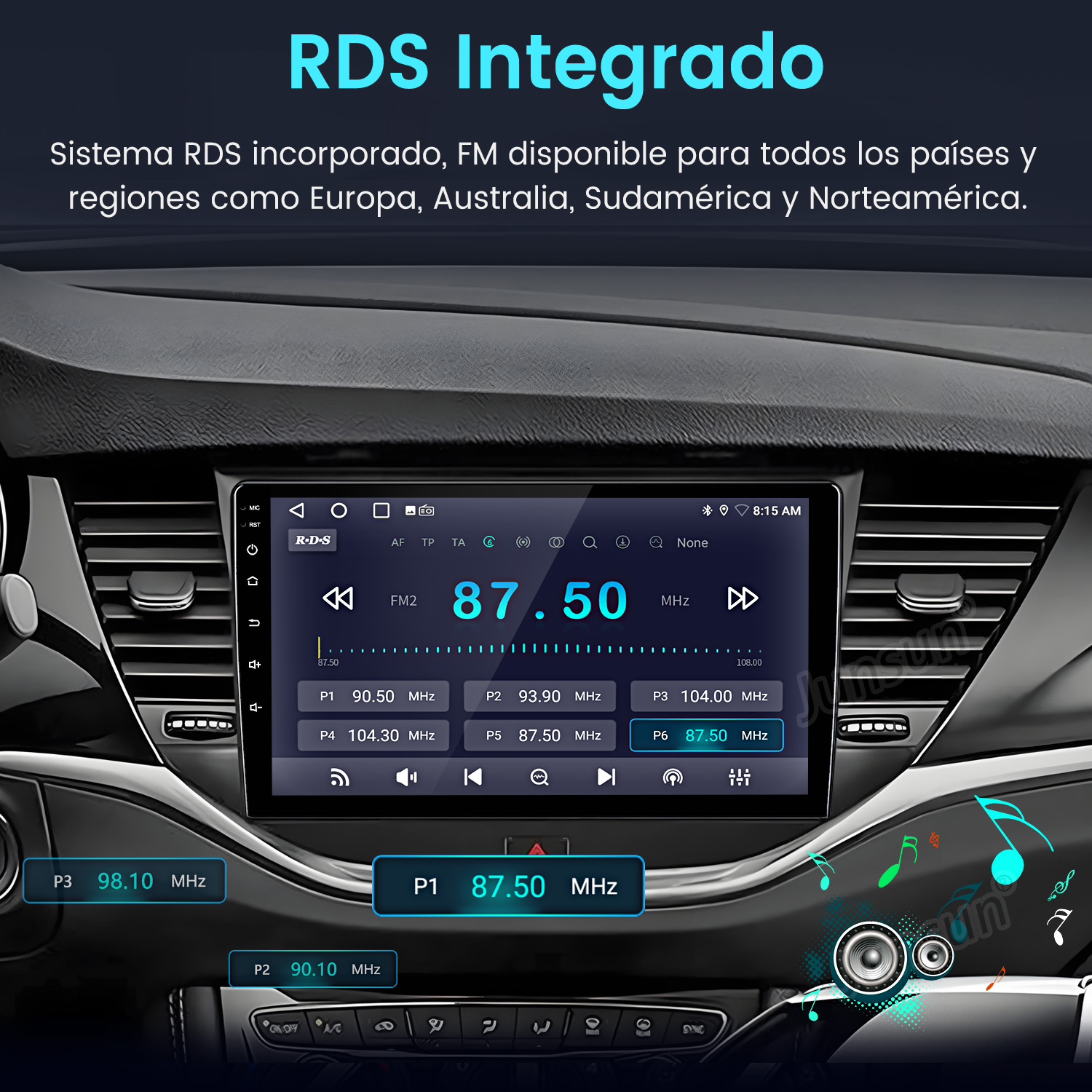 Una pantalla de radio de coche que muestra información de radio. Hay botones para diferentes emisoras.