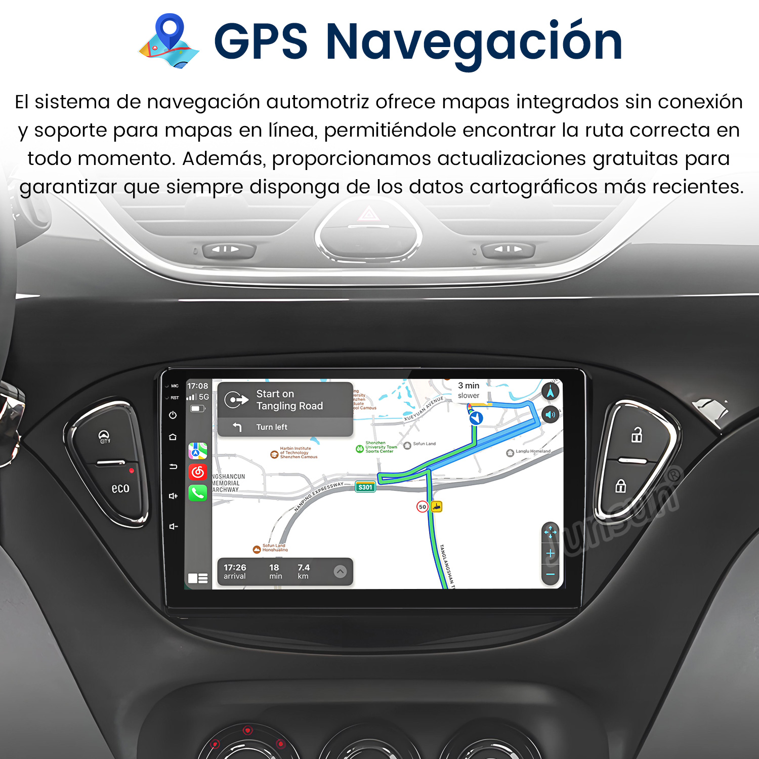 Panel de instrumentos del coche con pantalla de navegación GPS que muestra un mapa y guía de ruta.