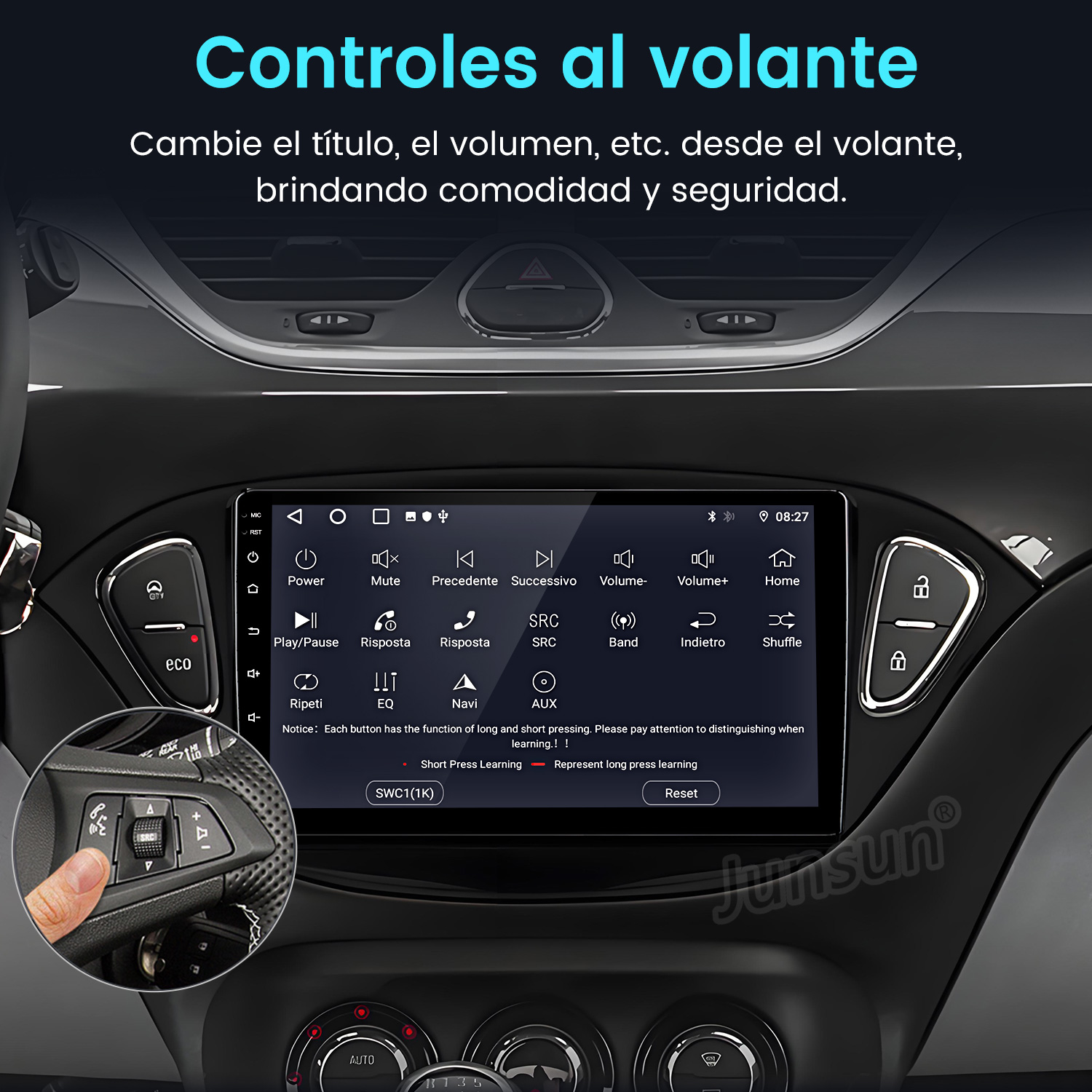 Panel de control de un coche con pantalla que muestra navegación y controles, con una mano.