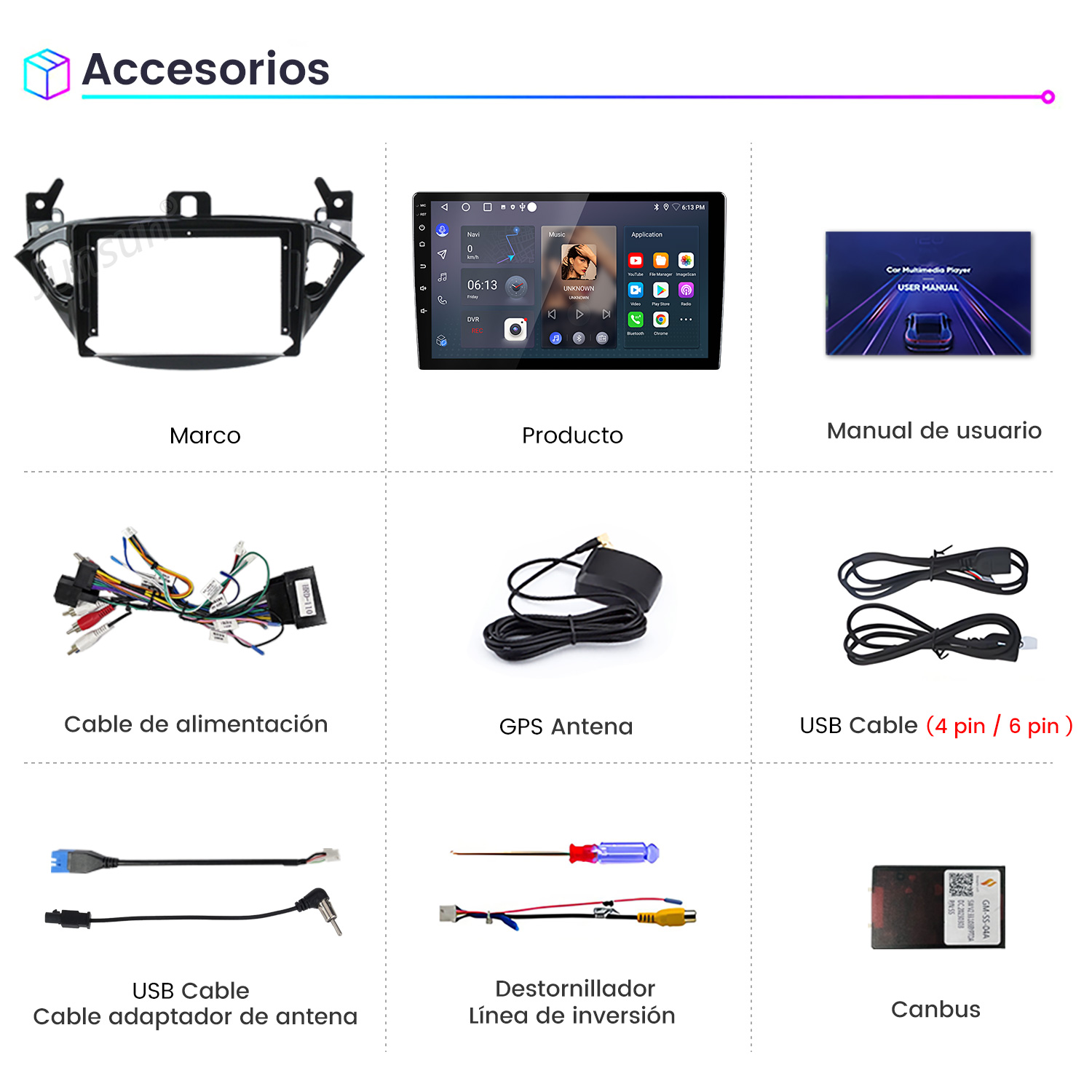 Accesorios para un estéreo de coche. La imagen muestra un marco, un producto, un manual de usuario y otros componentes.
