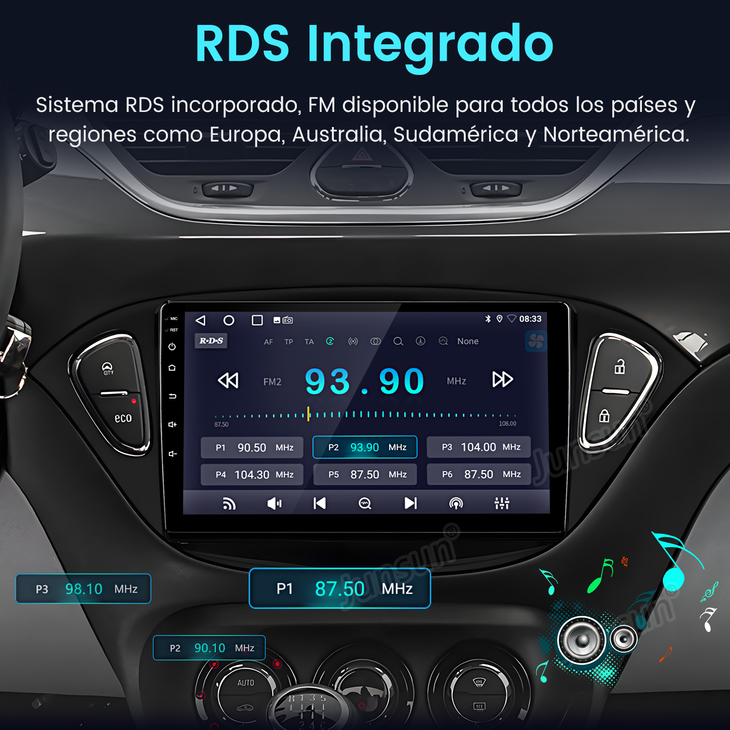 Pantalla de radio del coche mostrando información de radio, con botones y diales visibles debajo.