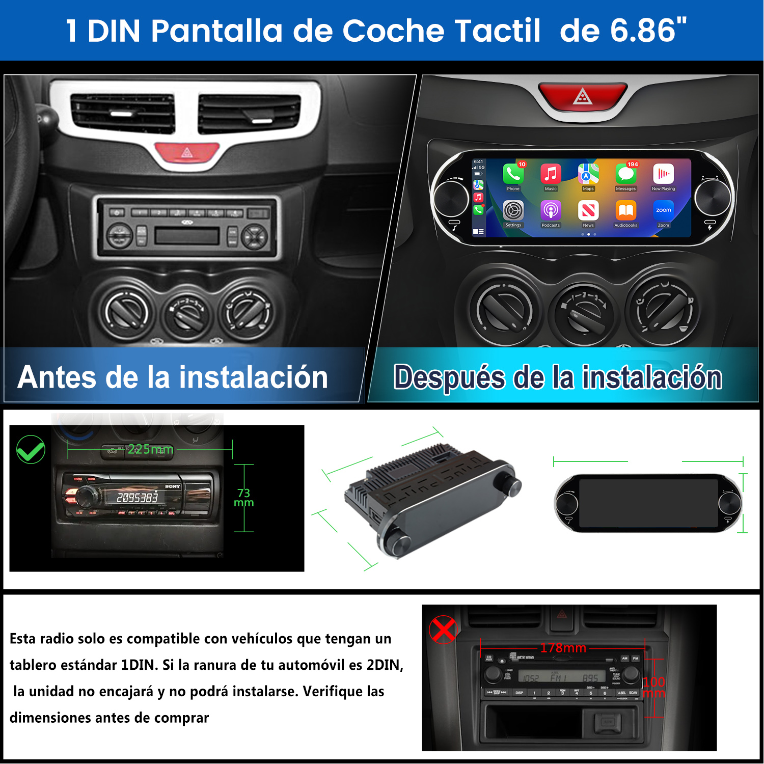 La imagen muestra el salpicadero del coche antes y después de la instalación de una nueva radio táctil 1 DIN.